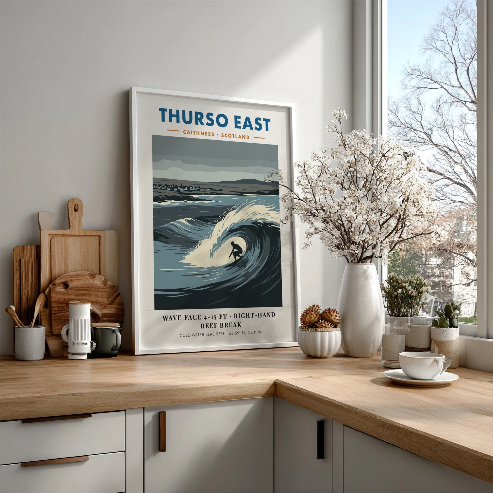 Thurso East travel poster featuring a surfer riding a large wave in Scotland