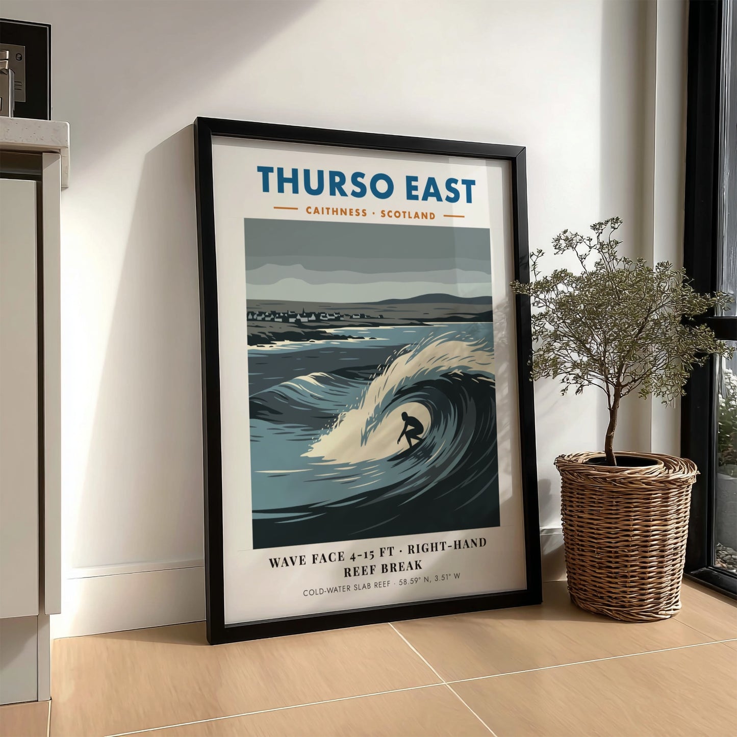 Thurso East travel poster featuring a surfer riding a large wave in Scotland