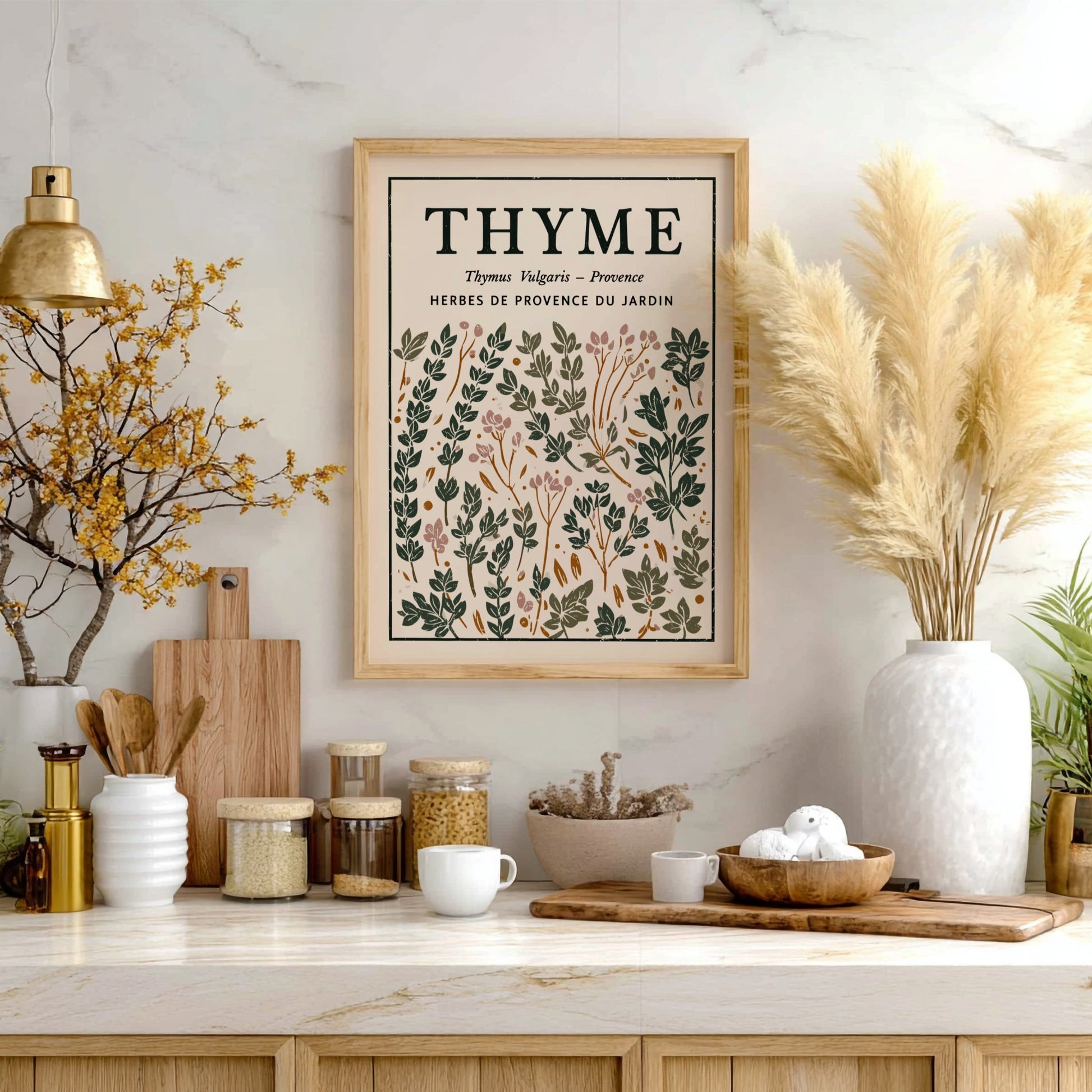 Thyme kitchen poster featuring botanical illustrations in green and earthy tones, perfect for kitchen decor.