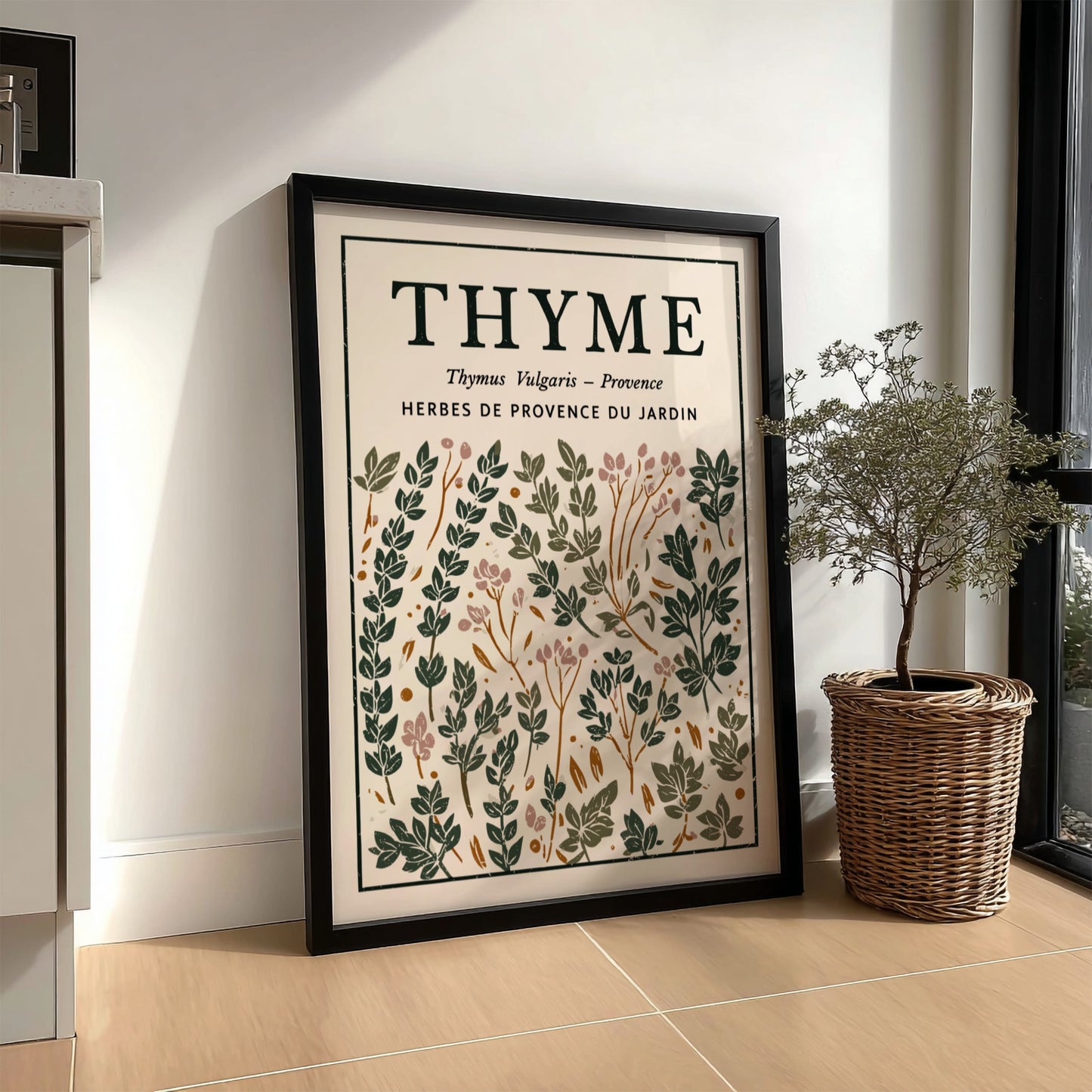 Thyme kitchen poster featuring botanical illustrations in green and earthy tones, perfect for kitchen decor.