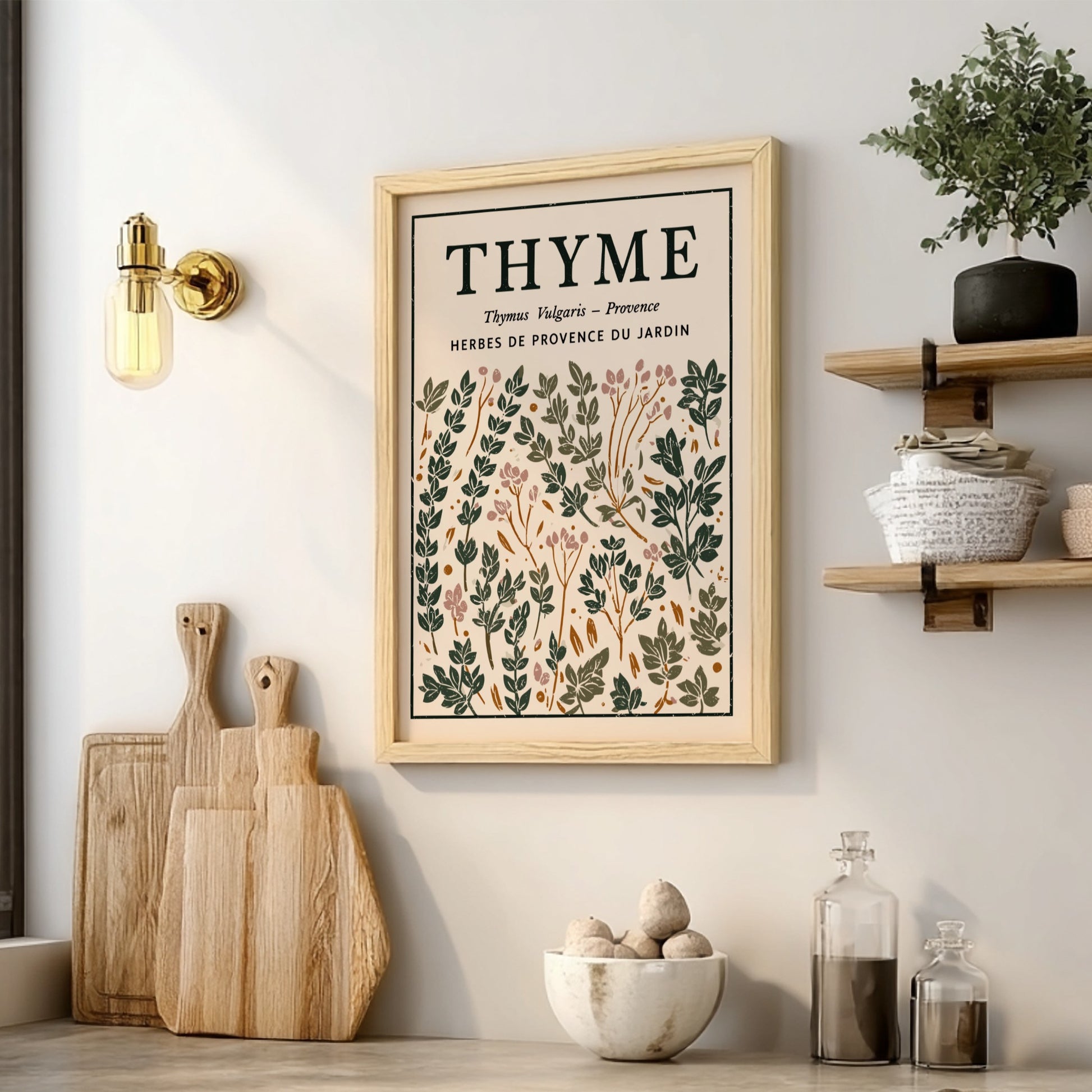 Thyme kitchen poster featuring botanical illustrations in green and earthy tones, perfect for kitchen decor.