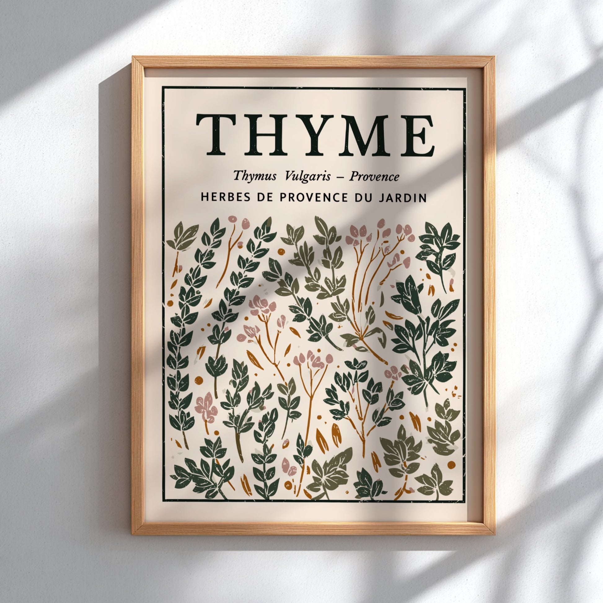 Thyme kitchen poster featuring botanical illustrations in green and earthy tones, perfect for kitchen decor.
