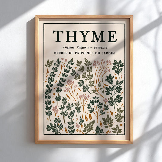 Thyme kitchen poster featuring botanical illustrations in green and earthy tones, perfect for kitchen decor.