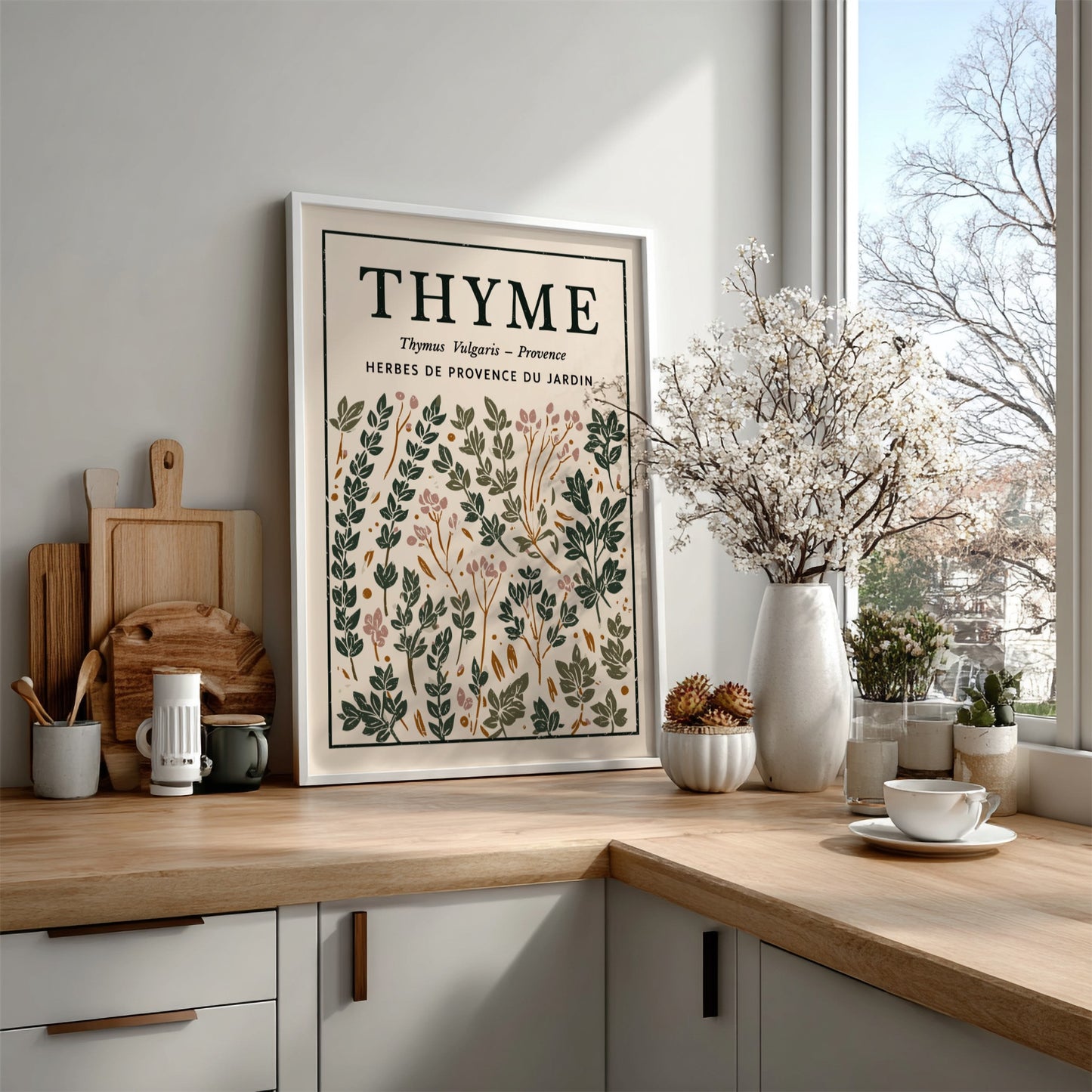 Thyme kitchen poster featuring botanical illustrations in green and earthy tones, perfect for kitchen decor.