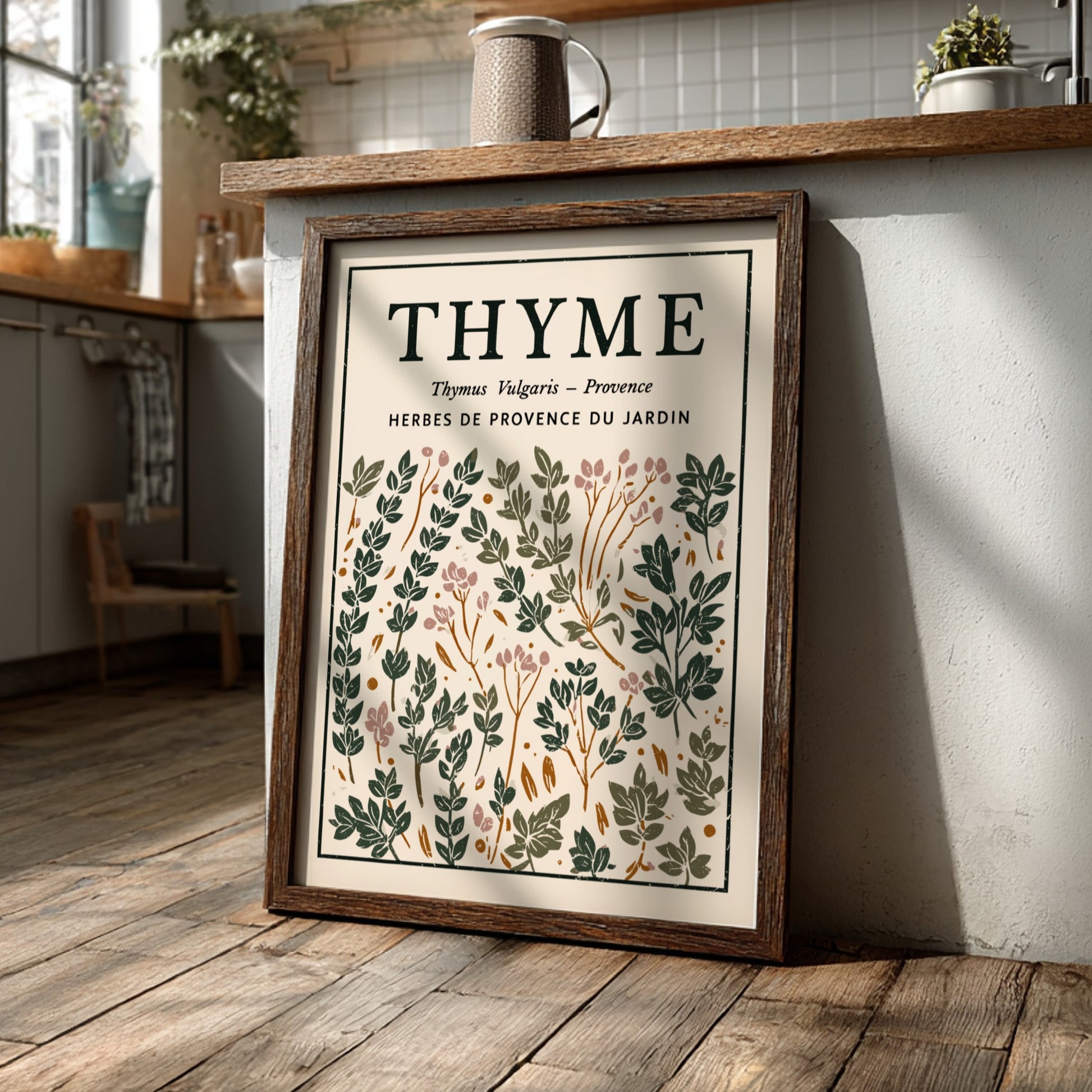 Thyme kitchen poster featuring botanical illustrations in green and earthy tones, perfect for kitchen decor.