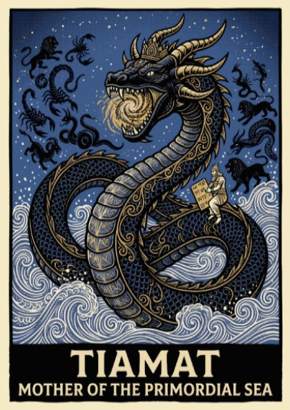 Poster featuring Tiamat as a golden dragon rising from blue waves with text