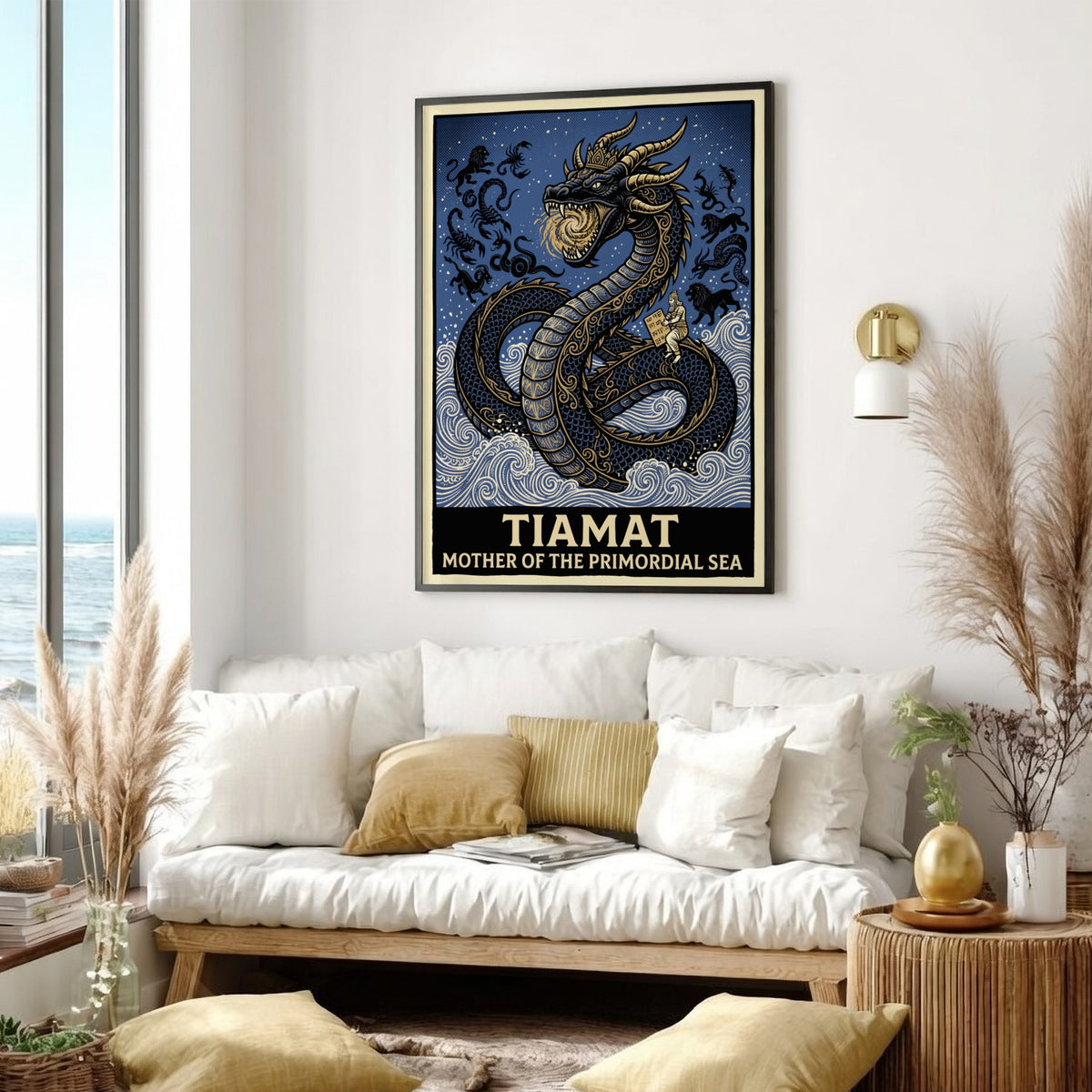 Poster featuring Tiamat as a golden dragon rising from blue waves with text