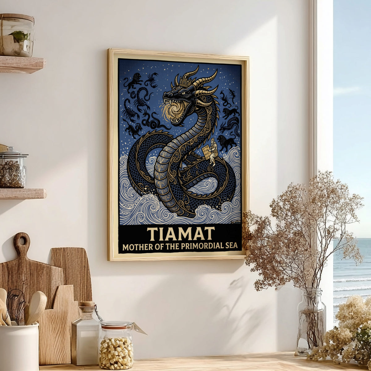 Poster featuring Tiamat as a golden dragon rising from blue waves with text