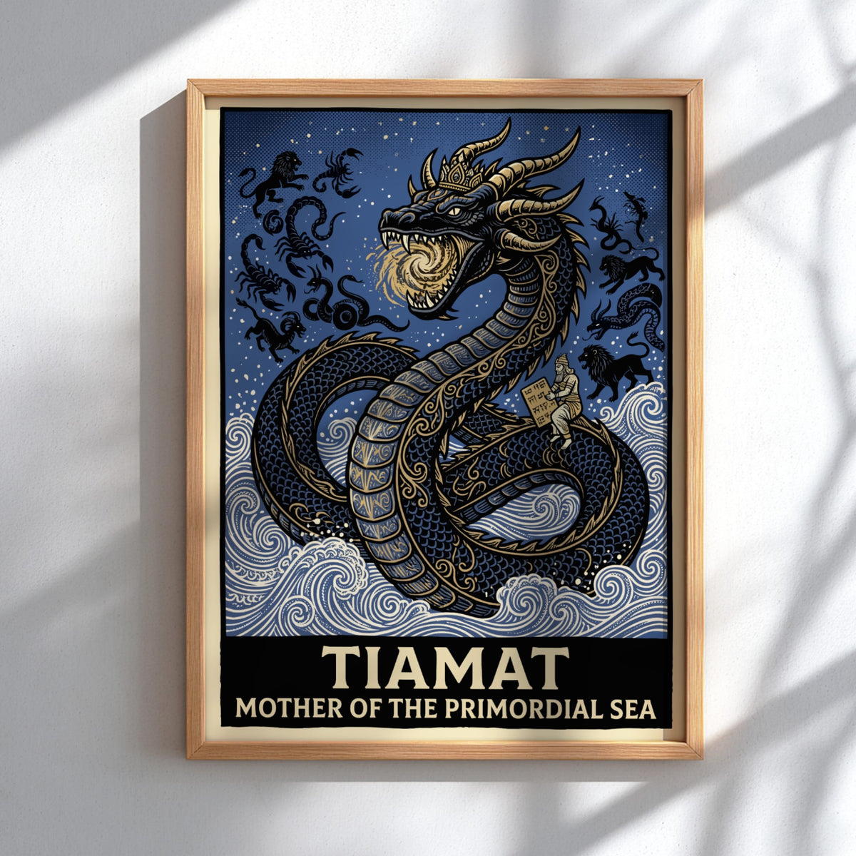 Poster featuring Tiamat as a golden dragon rising from blue waves with text