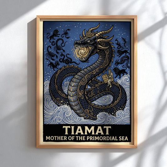 Poster featuring Tiamat as a golden dragon rising from blue waves with text