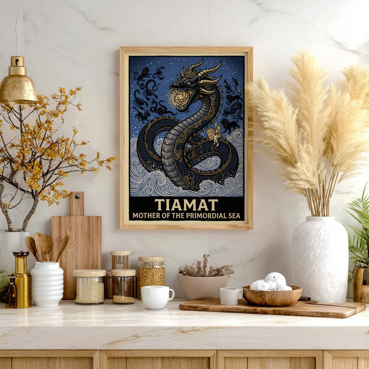 Poster featuring Tiamat as a golden dragon rising from blue waves with text