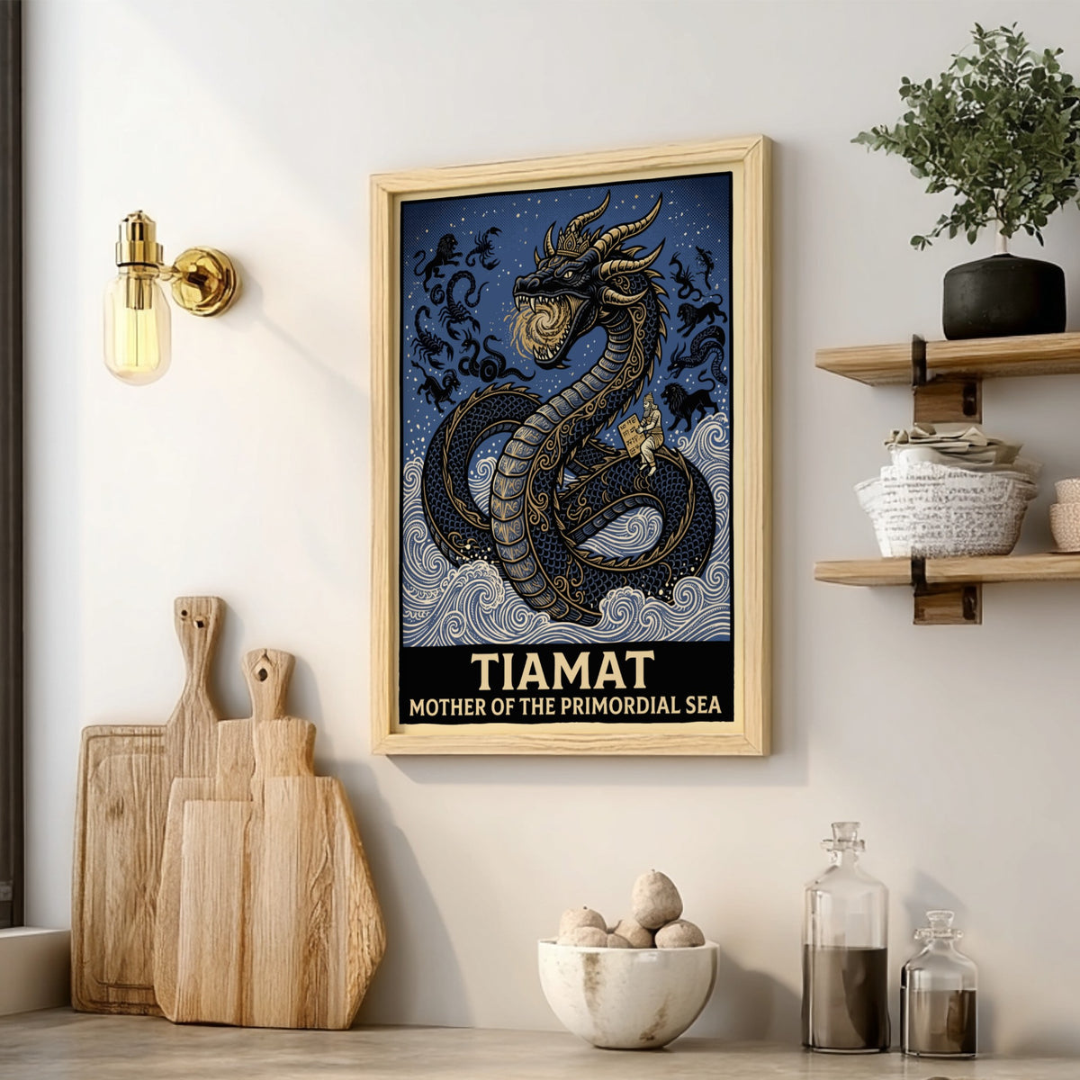 Poster featuring Tiamat as a golden dragon rising from blue waves with text