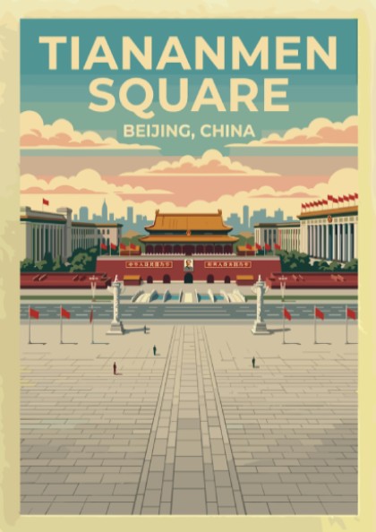 Tiananmen Square travel poster featuring vintage style and vibrant colors