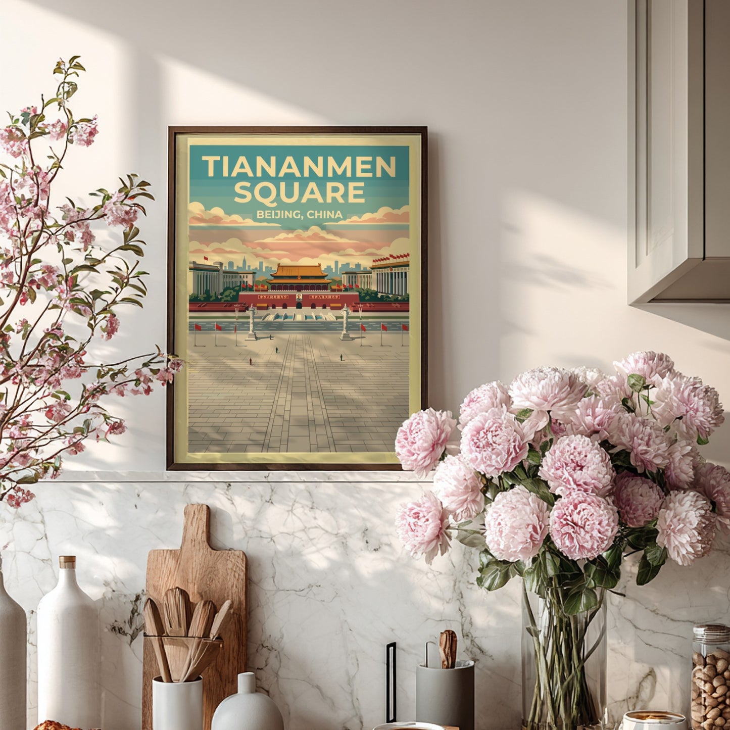 Tiananmen Square travel poster featuring vintage style and vibrant colors