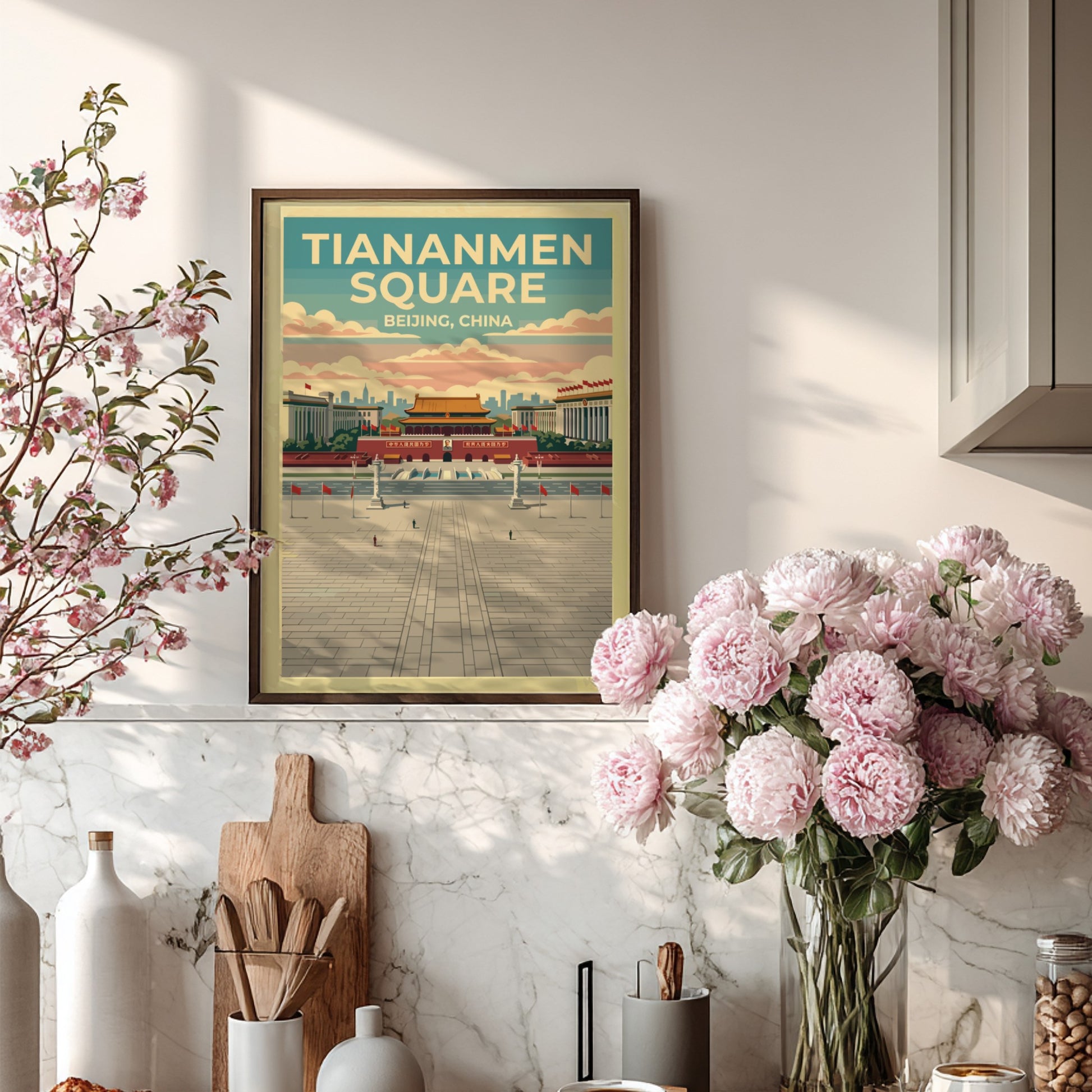 Tiananmen Square travel poster featuring vintage style and vibrant colors