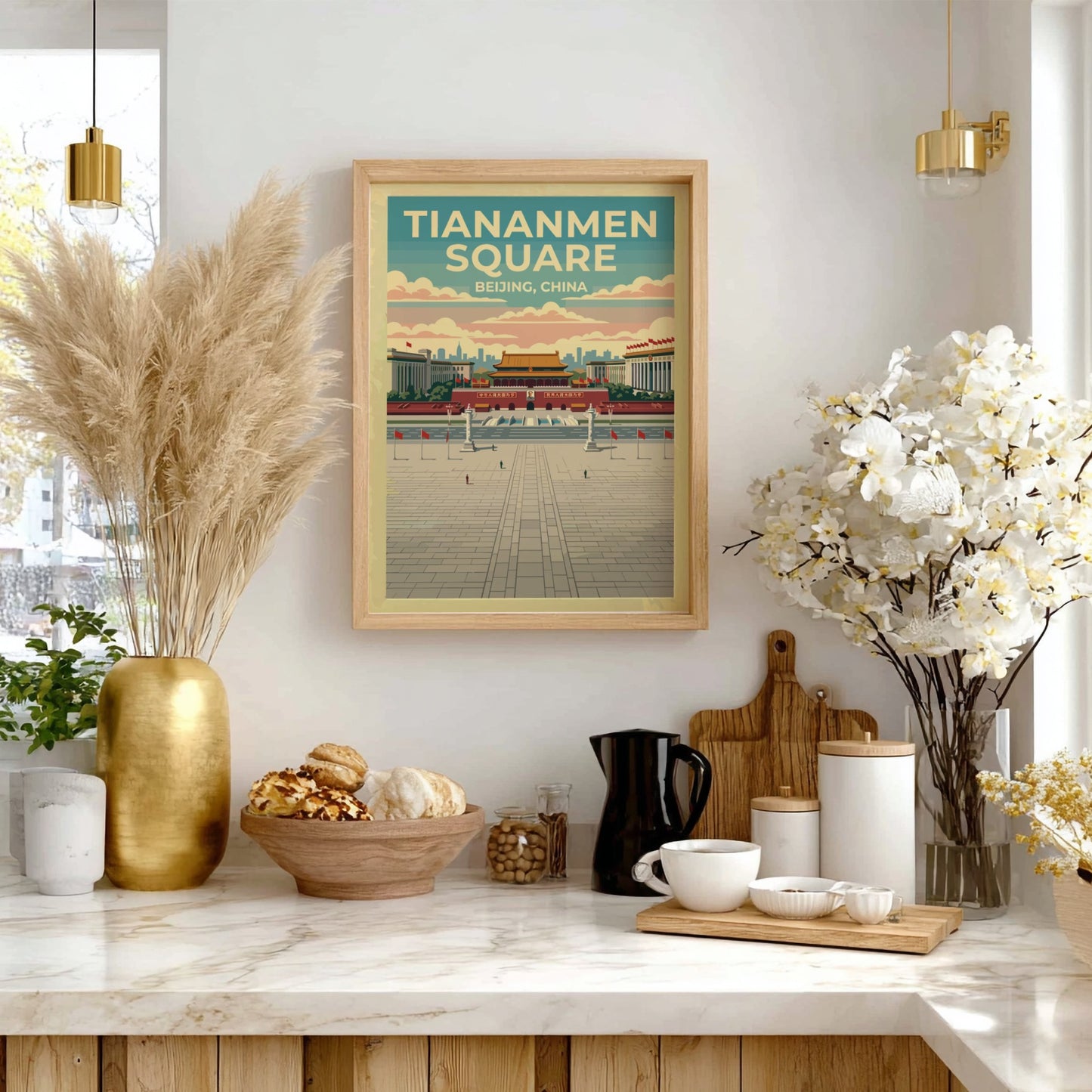 Tiananmen Square travel poster featuring vintage style and vibrant colors