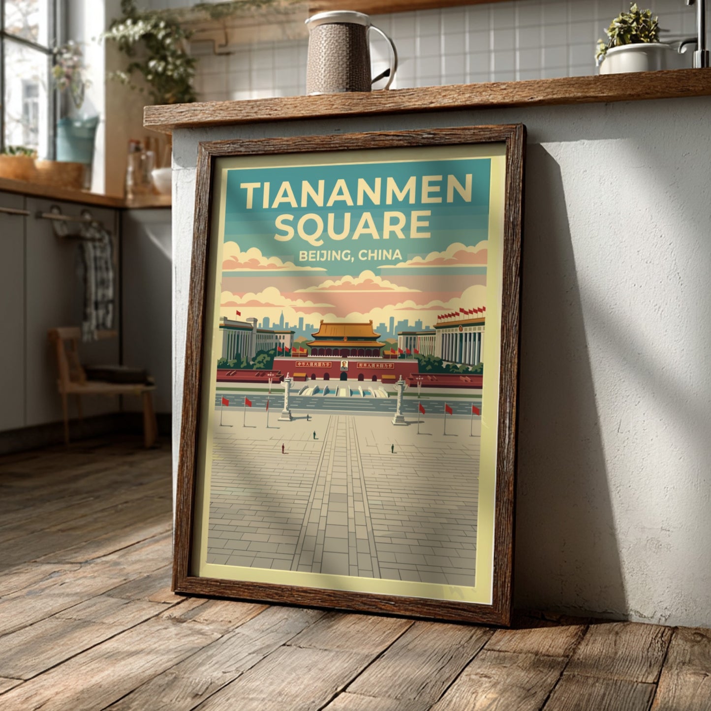 Tiananmen Square travel poster featuring vintage style and vibrant colors