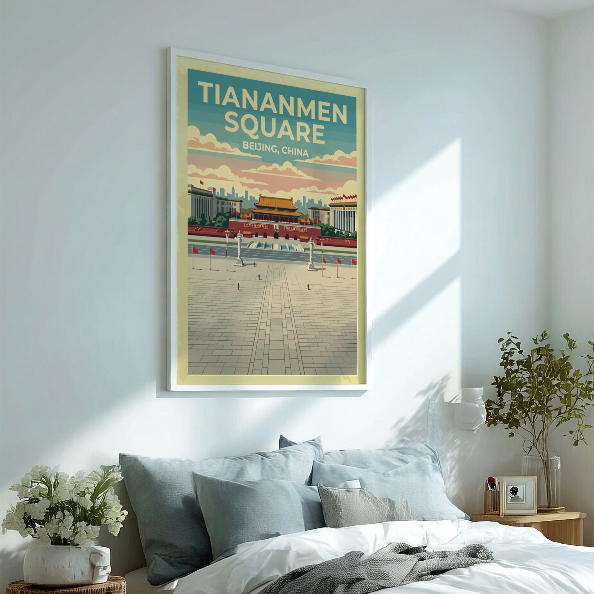Tiananmen Square travel poster featuring vintage style and vibrant colors