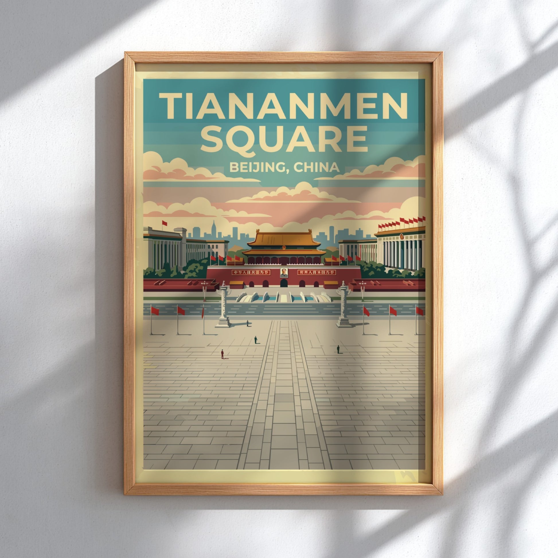 Tiananmen Square travel poster featuring vintage style and vibrant colors