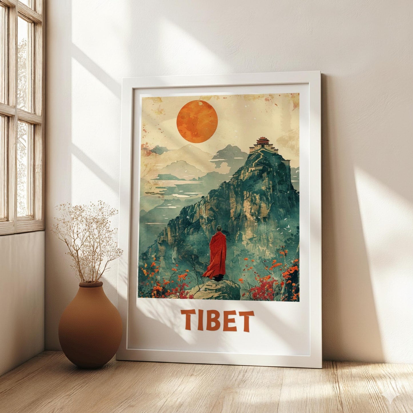 Framed artwork of a mountain scene with 'TIBET' text in a room with a vase and window.