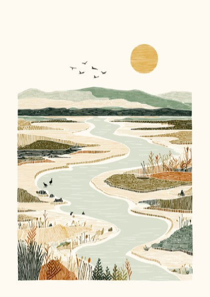 Winding river landscape poster with muted colors, marsh grasses, and distant hills. Nature wall art.