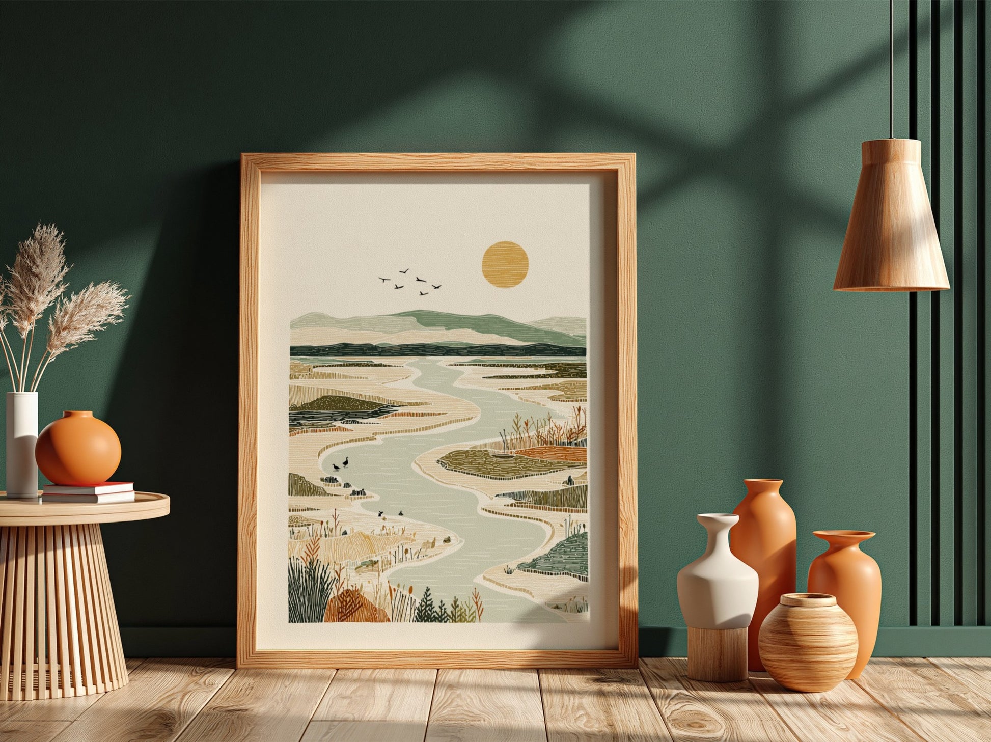 Winding river landscape poster with muted colors, marsh grasses, and distant hills. Nature wall art.