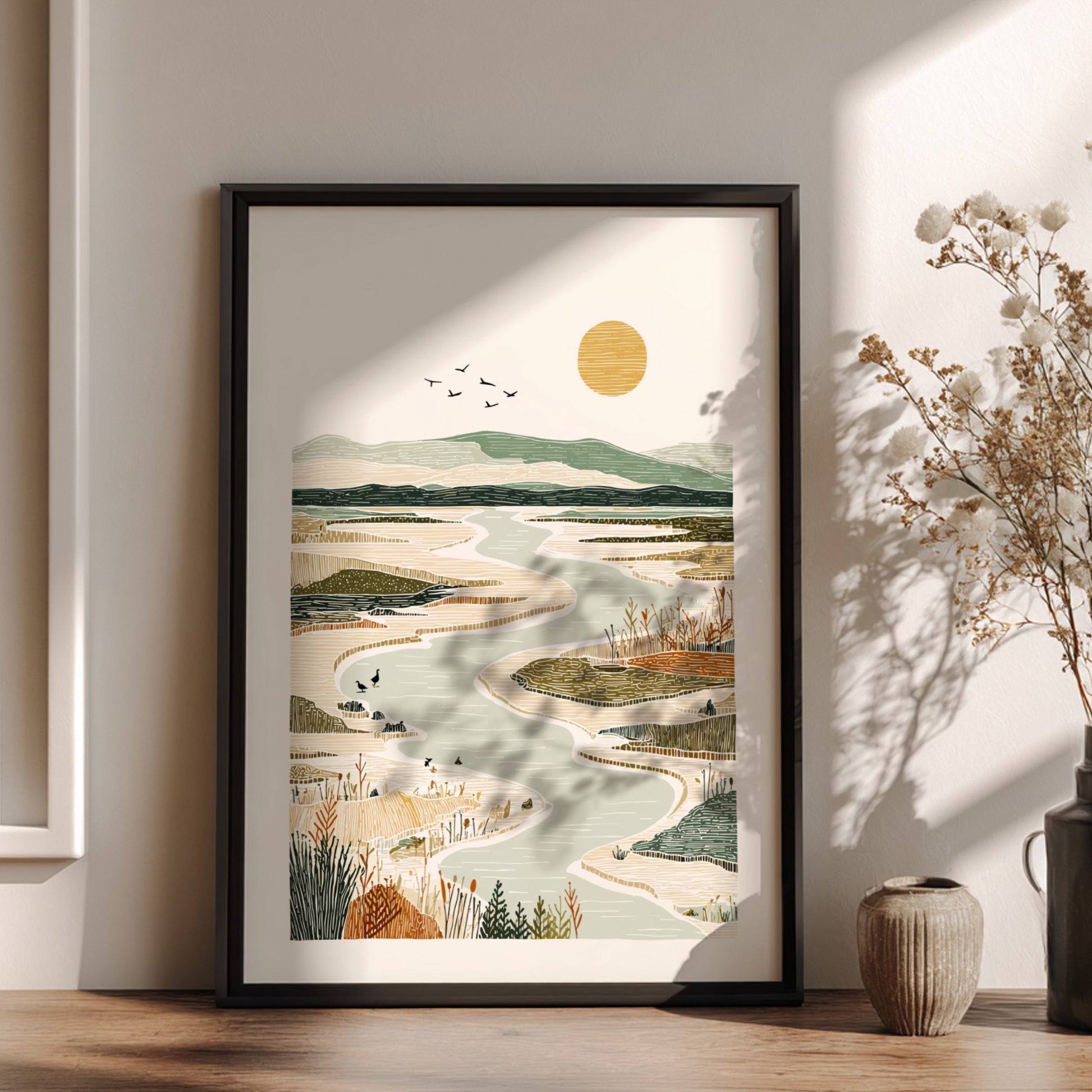 Winding river landscape poster with muted colors, marsh grasses, and distant hills. Nature wall art.