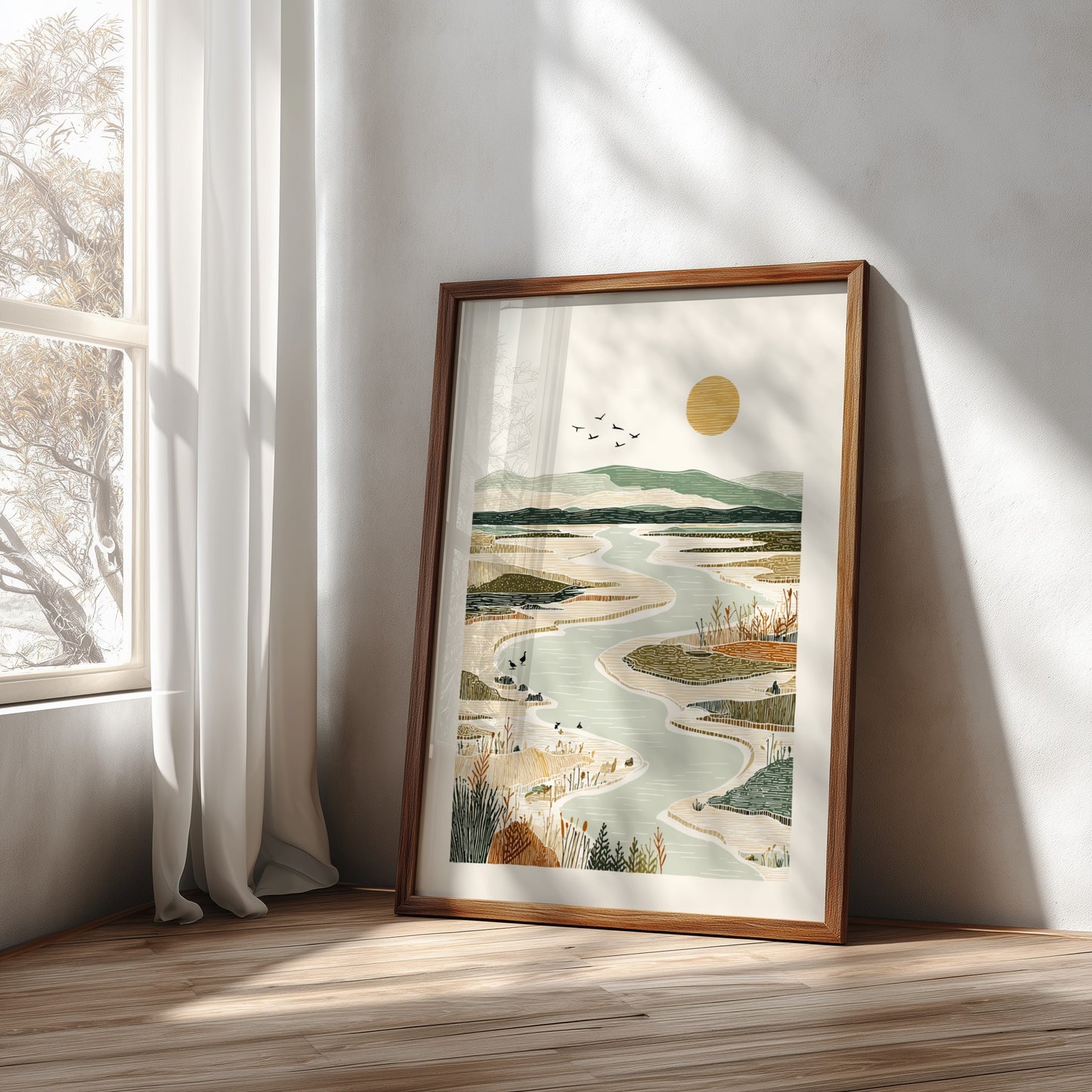 Winding river landscape poster with muted colors, marsh grasses, and distant hills. Nature wall art.
