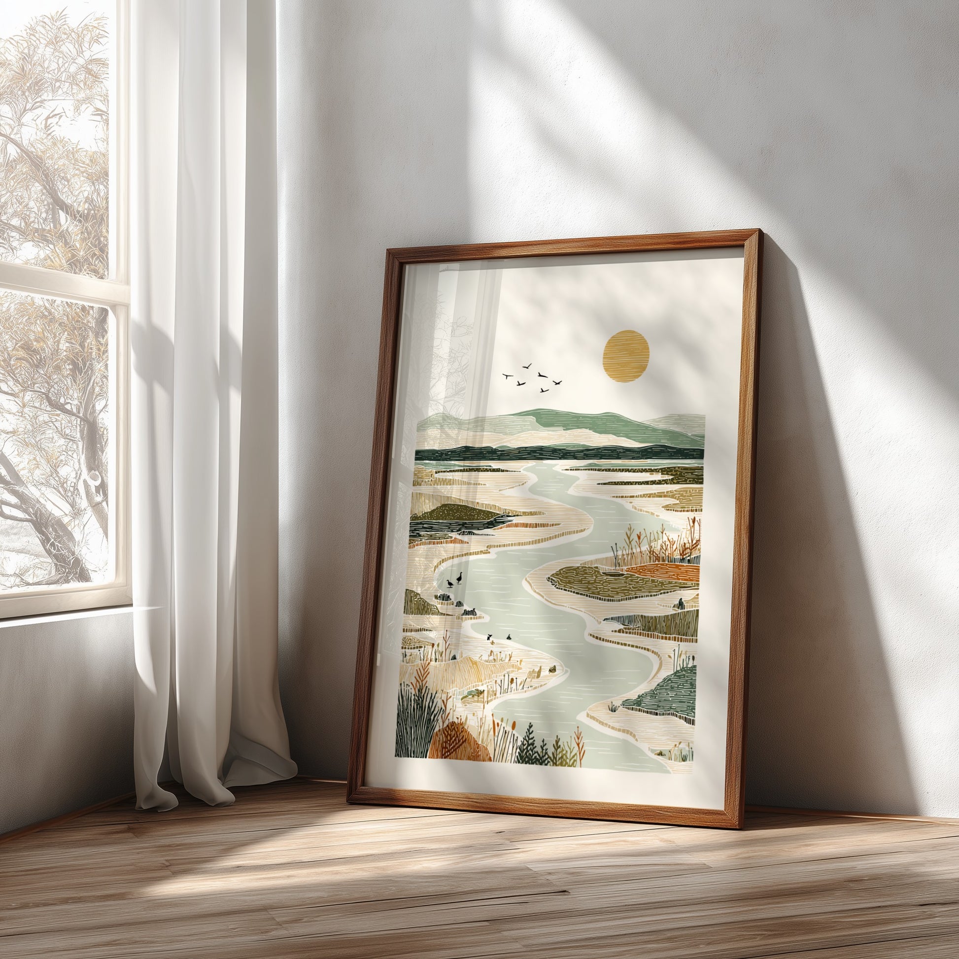 Winding river landscape poster with muted colors, marsh grasses, and distant hills. Nature wall art.