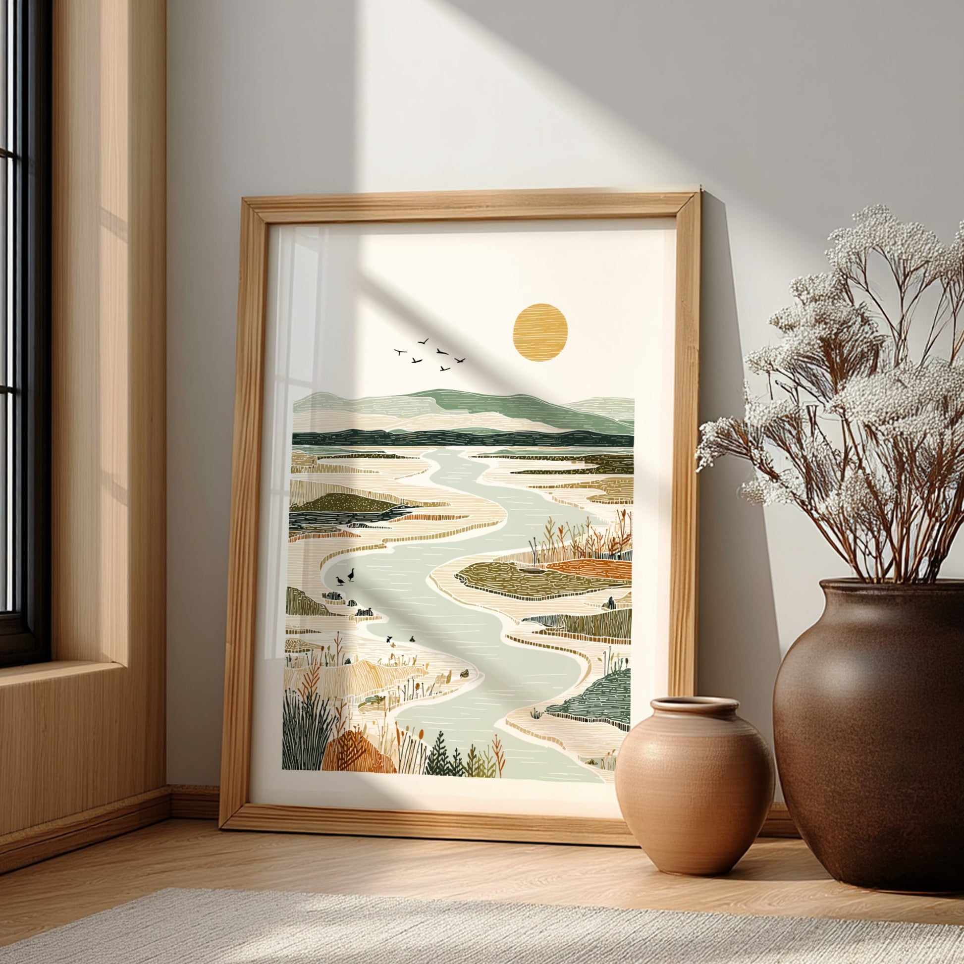 Winding river landscape poster with muted colors, marsh grasses, and distant hills. Nature wall art.