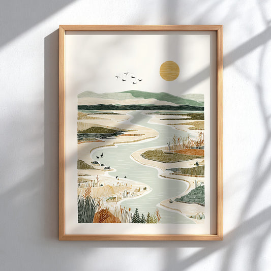 Winding river landscape poster with muted colors, marsh grasses, and distant hills. Nature wall art.