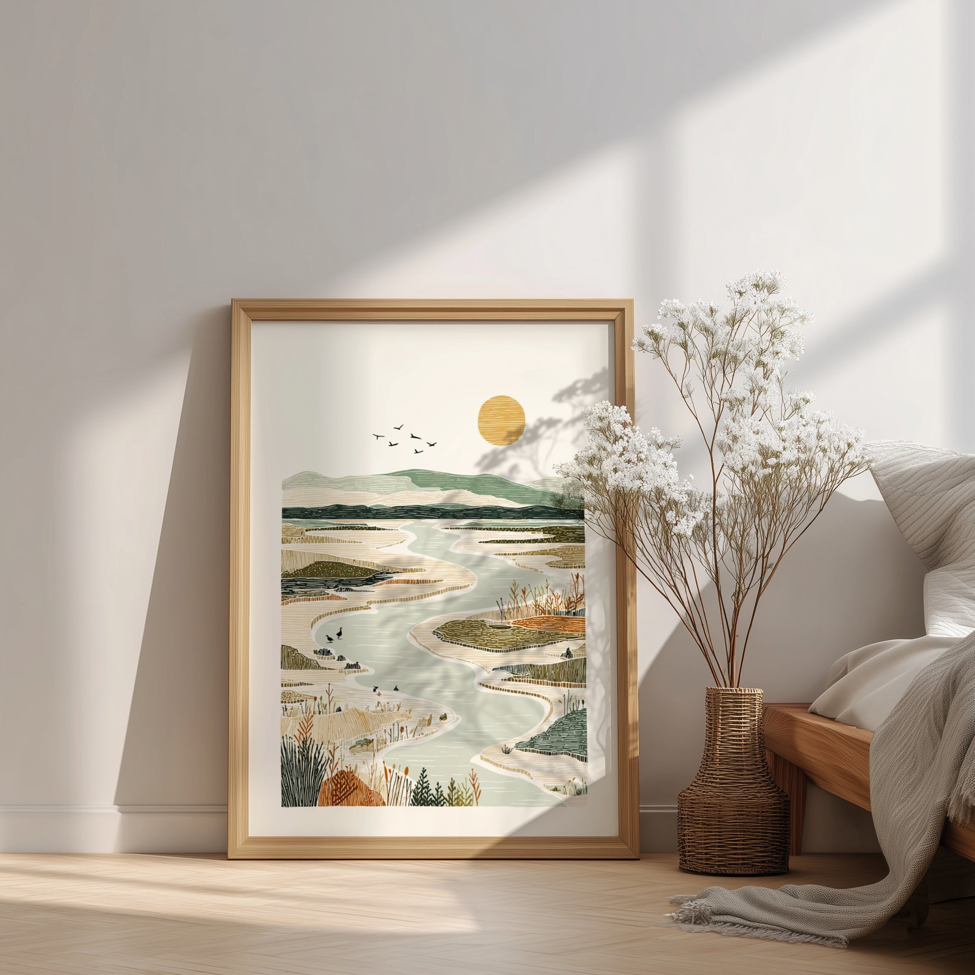 Winding river landscape poster with muted colors, marsh grasses, and distant hills. Nature wall art.