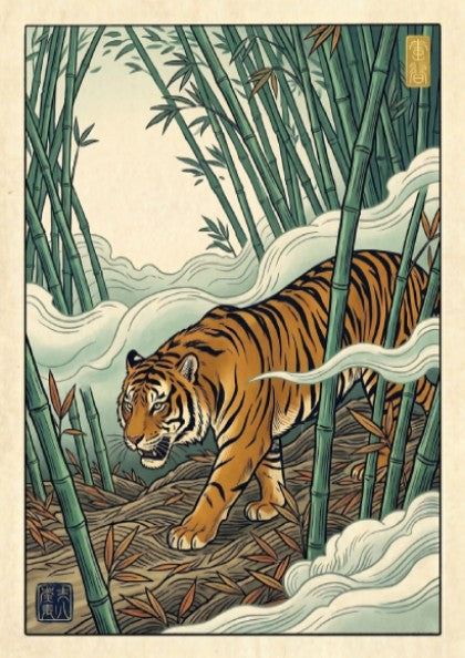 Japanese art style poster featuring a tiger in a bamboo forest with misty colors and intricate details