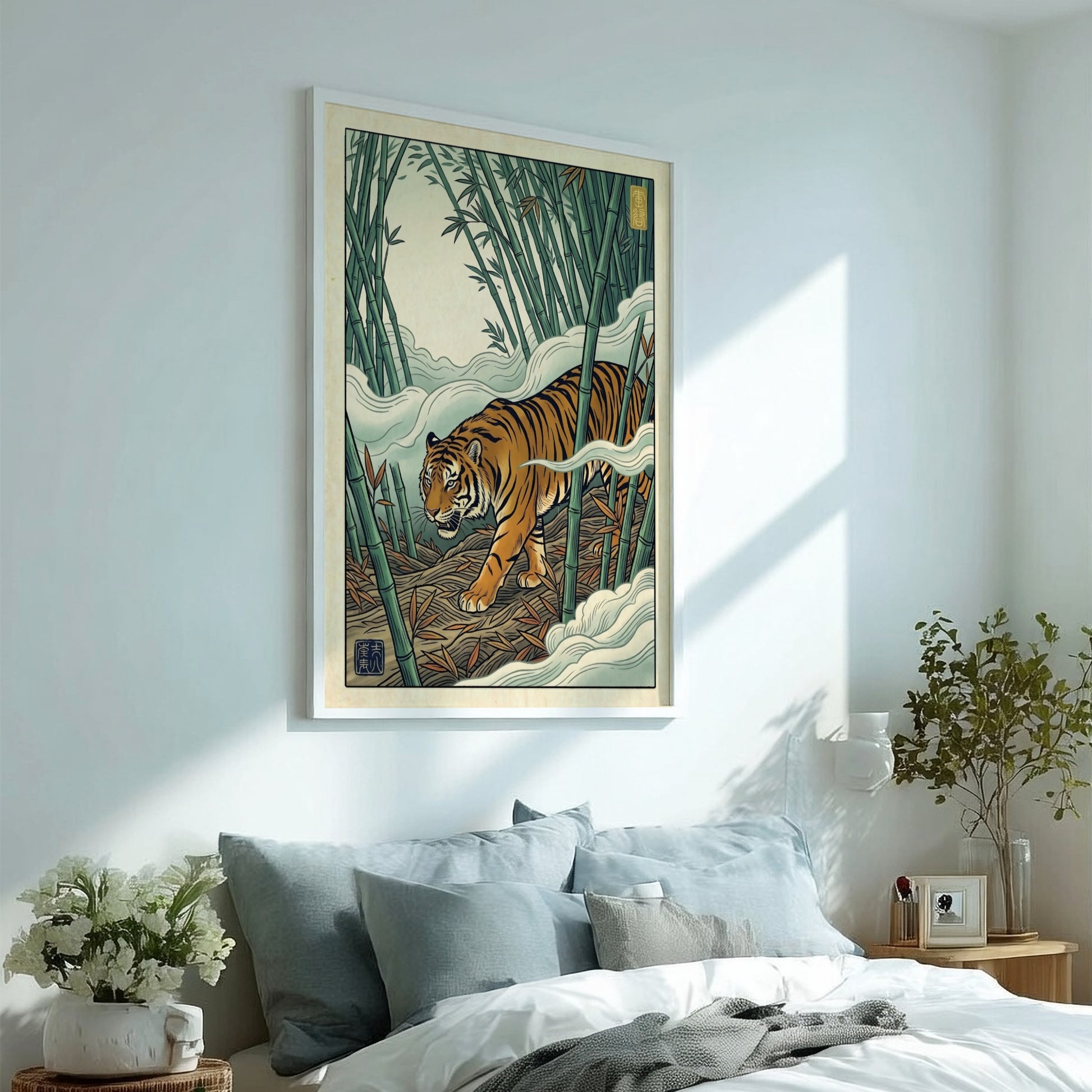 Japanese art style poster featuring a tiger in a bamboo forest with misty colors and intricate details