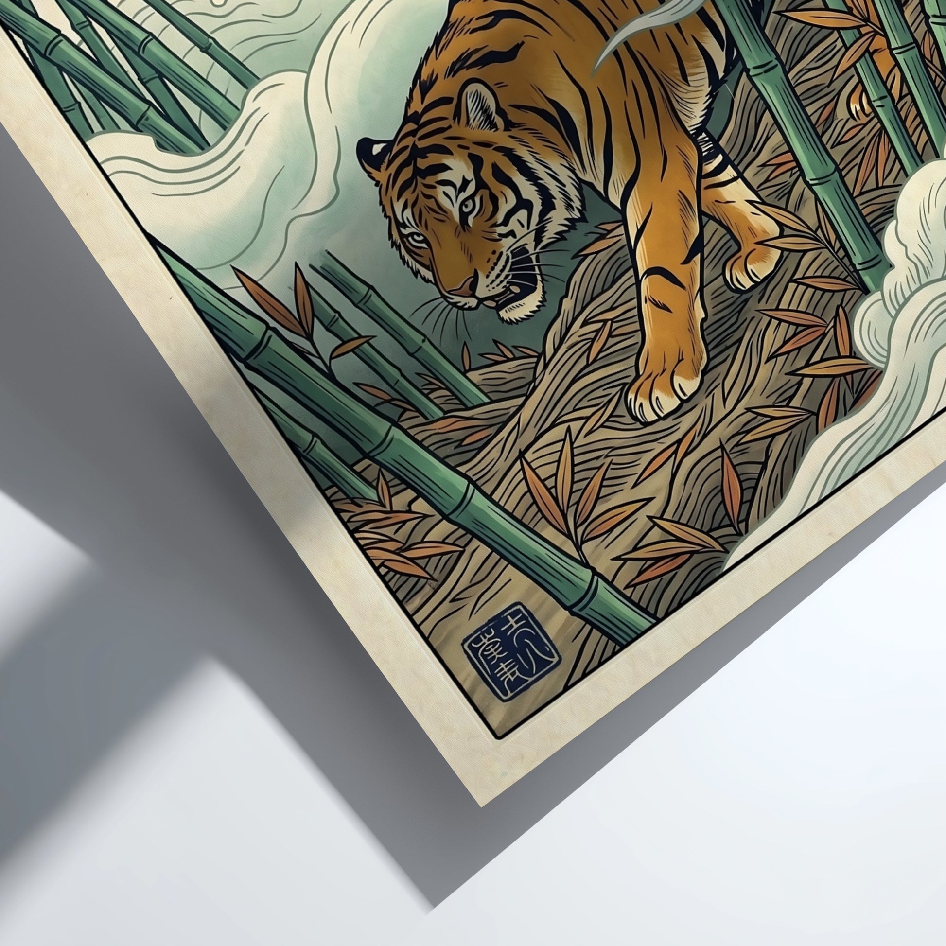 Japanese art style poster featuring a tiger in a bamboo forest with misty colors and intricate details