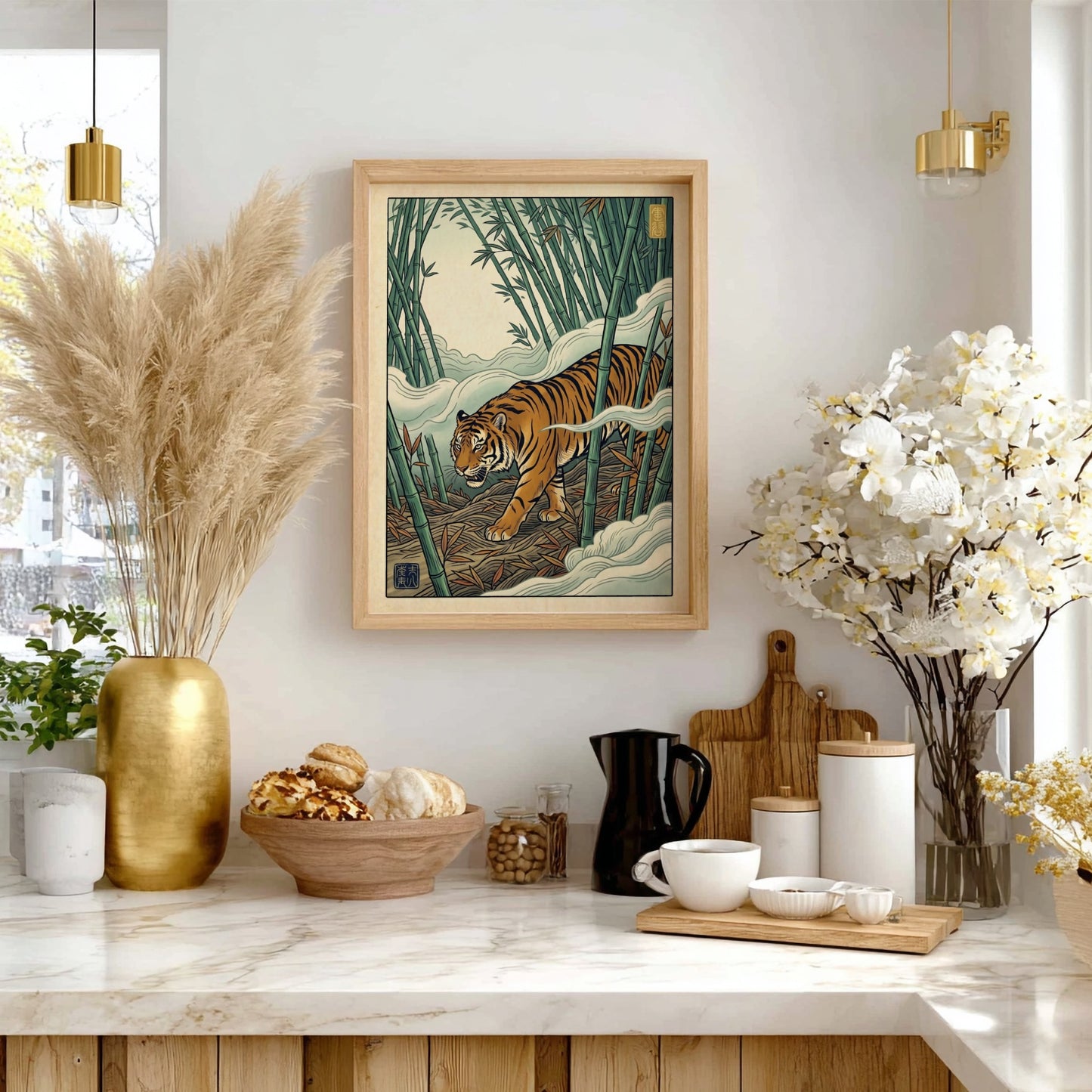 Japanese art style poster featuring a tiger in a bamboo forest with misty colors and intricate details