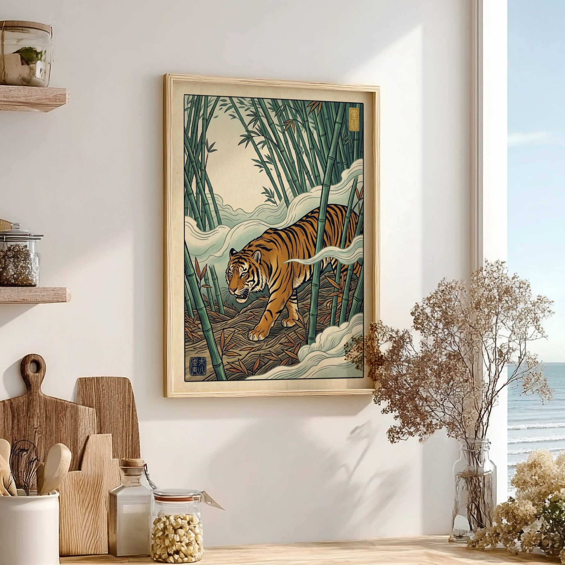 Japanese art style poster featuring a tiger in a bamboo forest with misty colors and intricate details