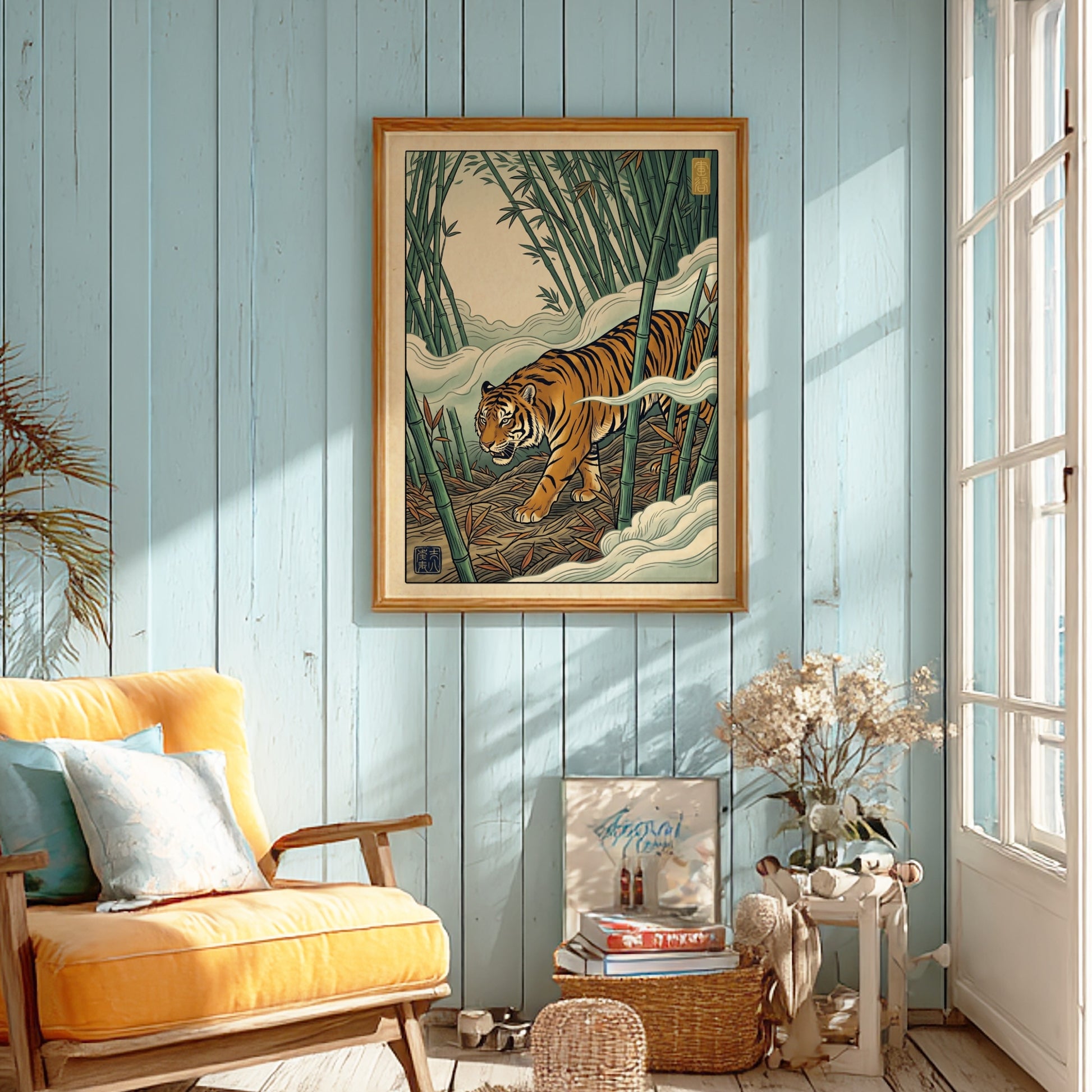 Japanese art style poster featuring a tiger in a bamboo forest with misty colors and intricate details