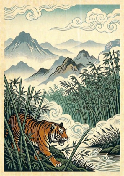 Japanese art style poster featuring a tiger in a bamboo forest with soft colors and intricate details