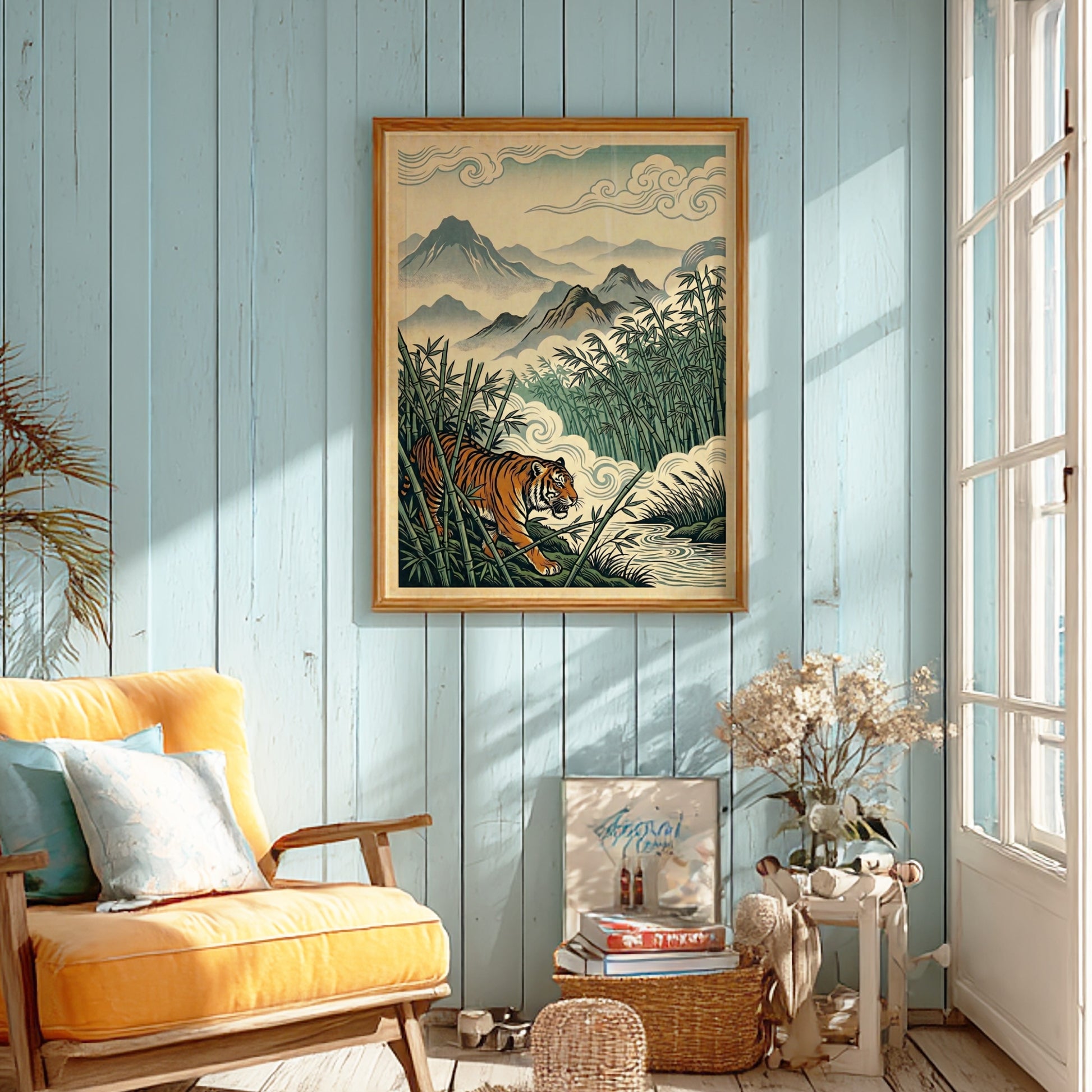 Japanese art style poster featuring a tiger in a bamboo forest with soft colors and intricate details