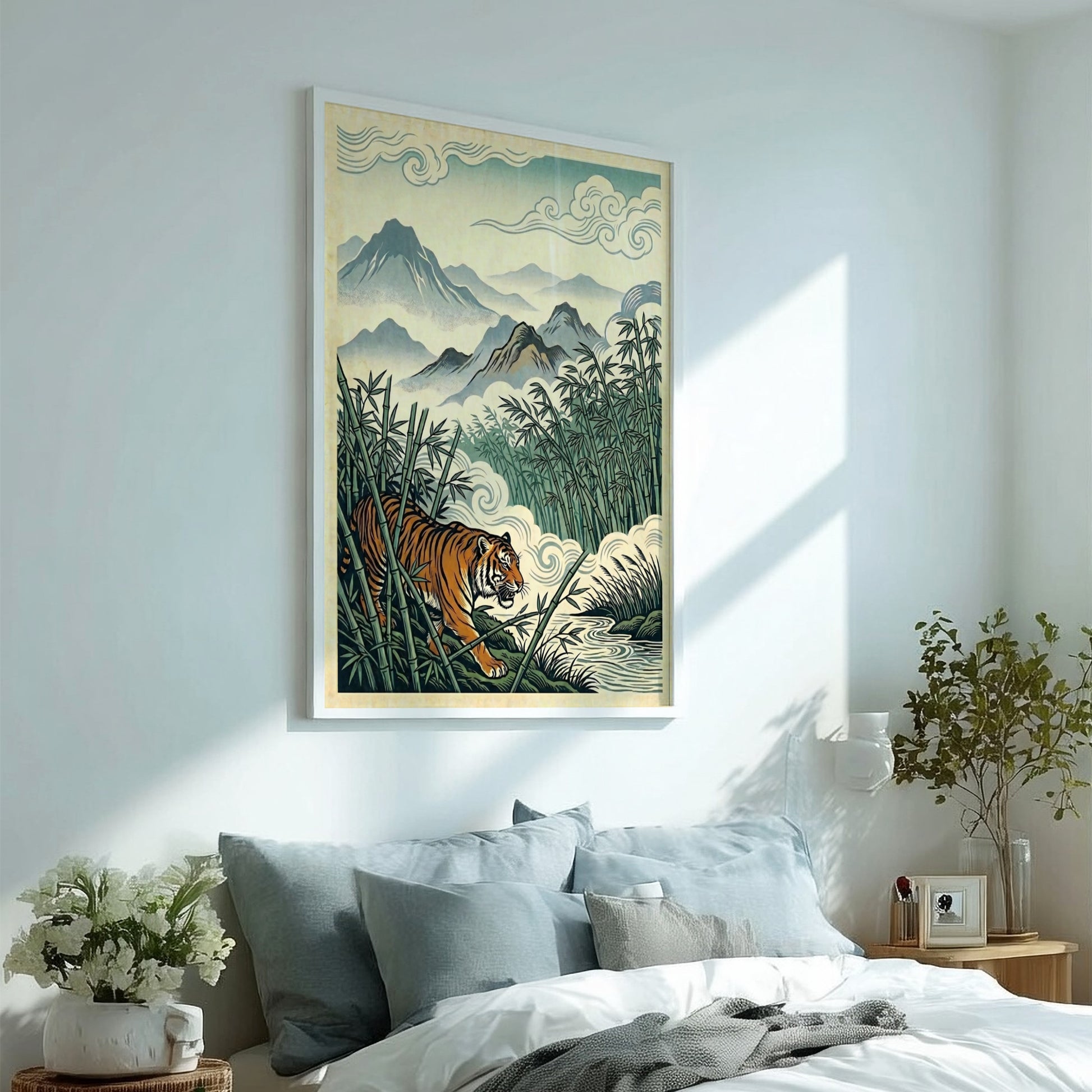 Japanese art style poster featuring a tiger in a bamboo forest with soft colors and intricate details
