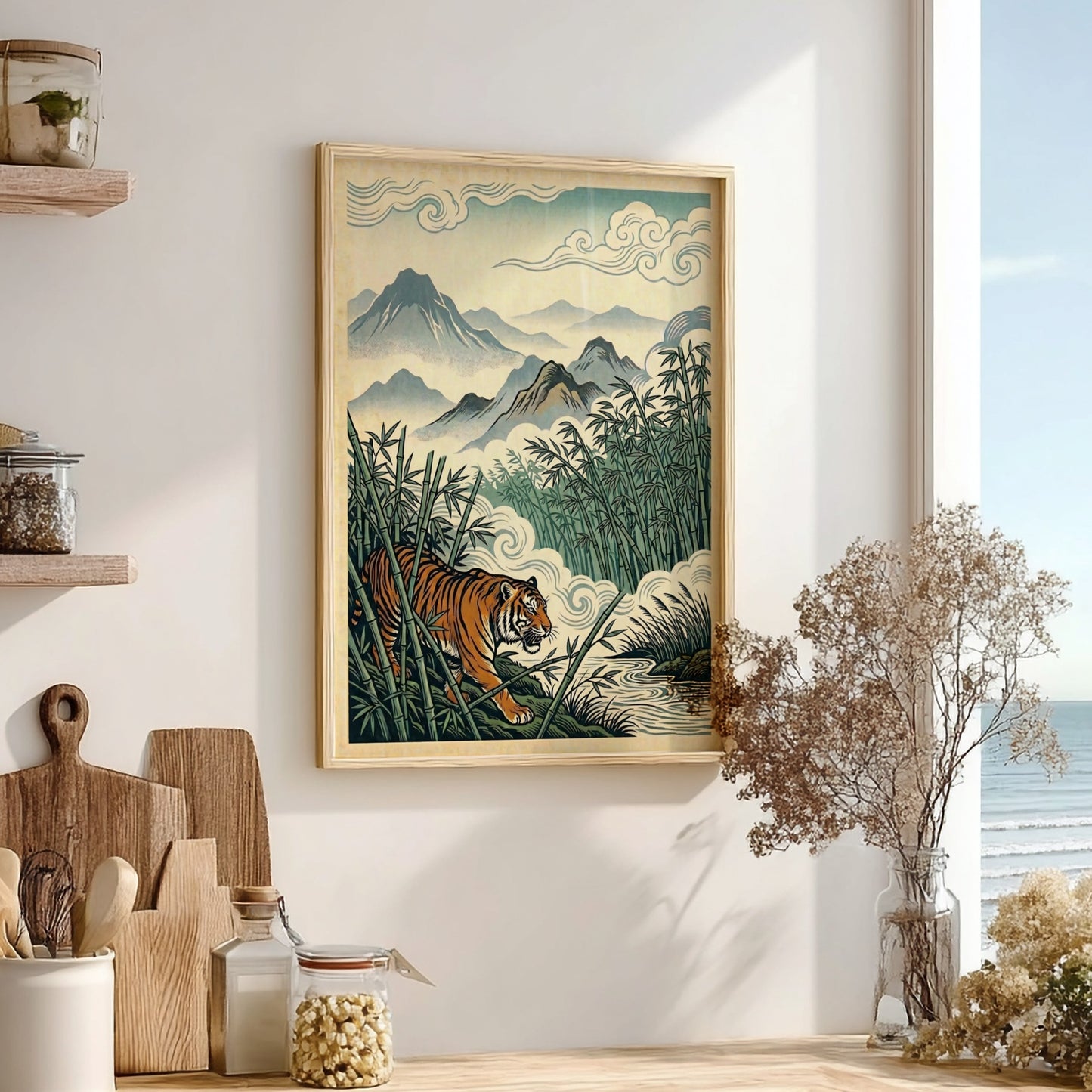 Japanese art style poster featuring a tiger in a bamboo forest with soft colors and intricate details
