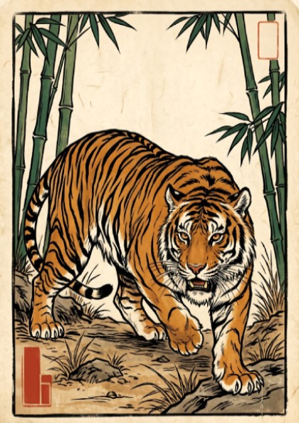 Tiger poster featuring vibrant colors and bamboo in Japanese art style