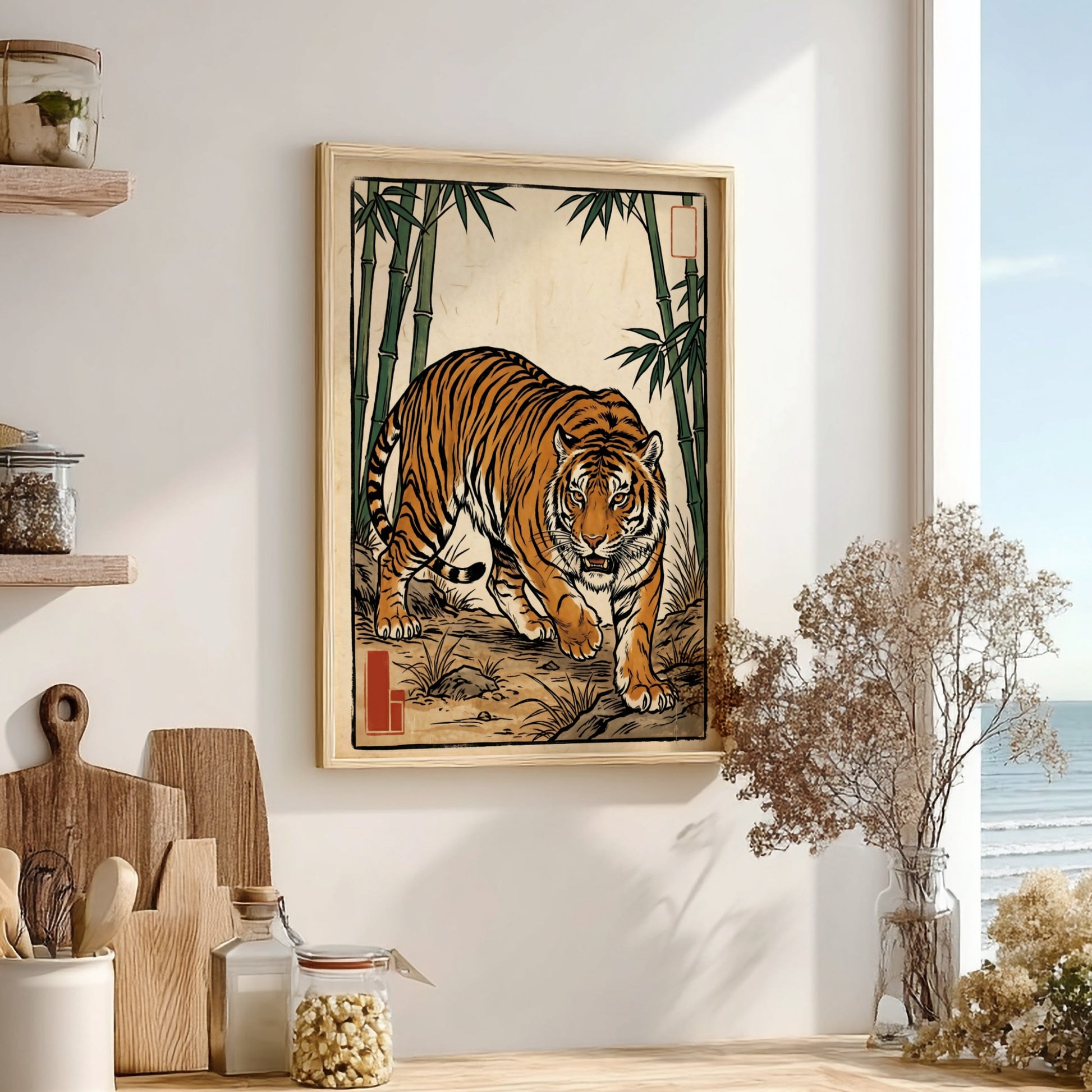 Tiger poster featuring vibrant colors and bamboo in Japanese art style
