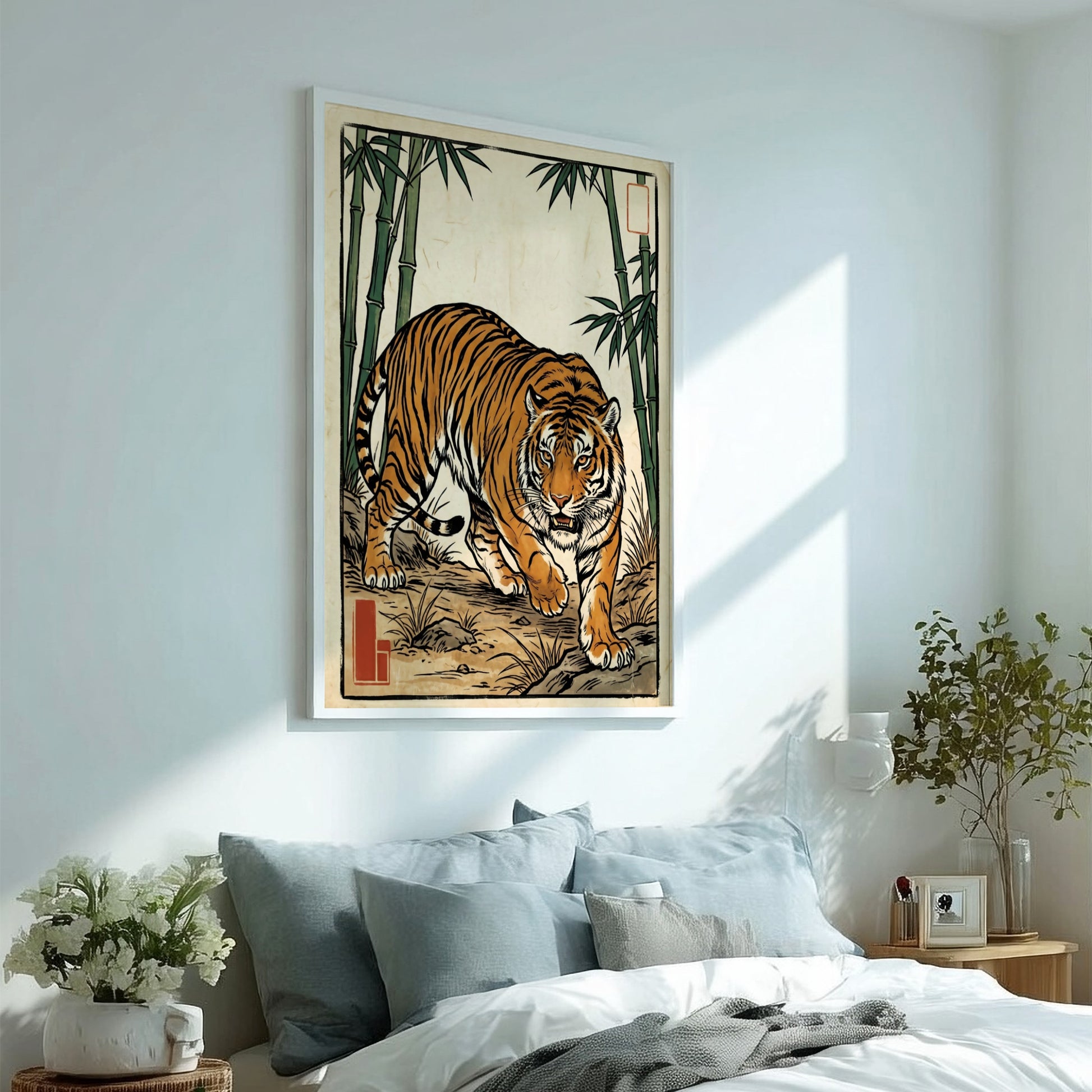 Tiger poster featuring vibrant colors and bamboo in Japanese art style
