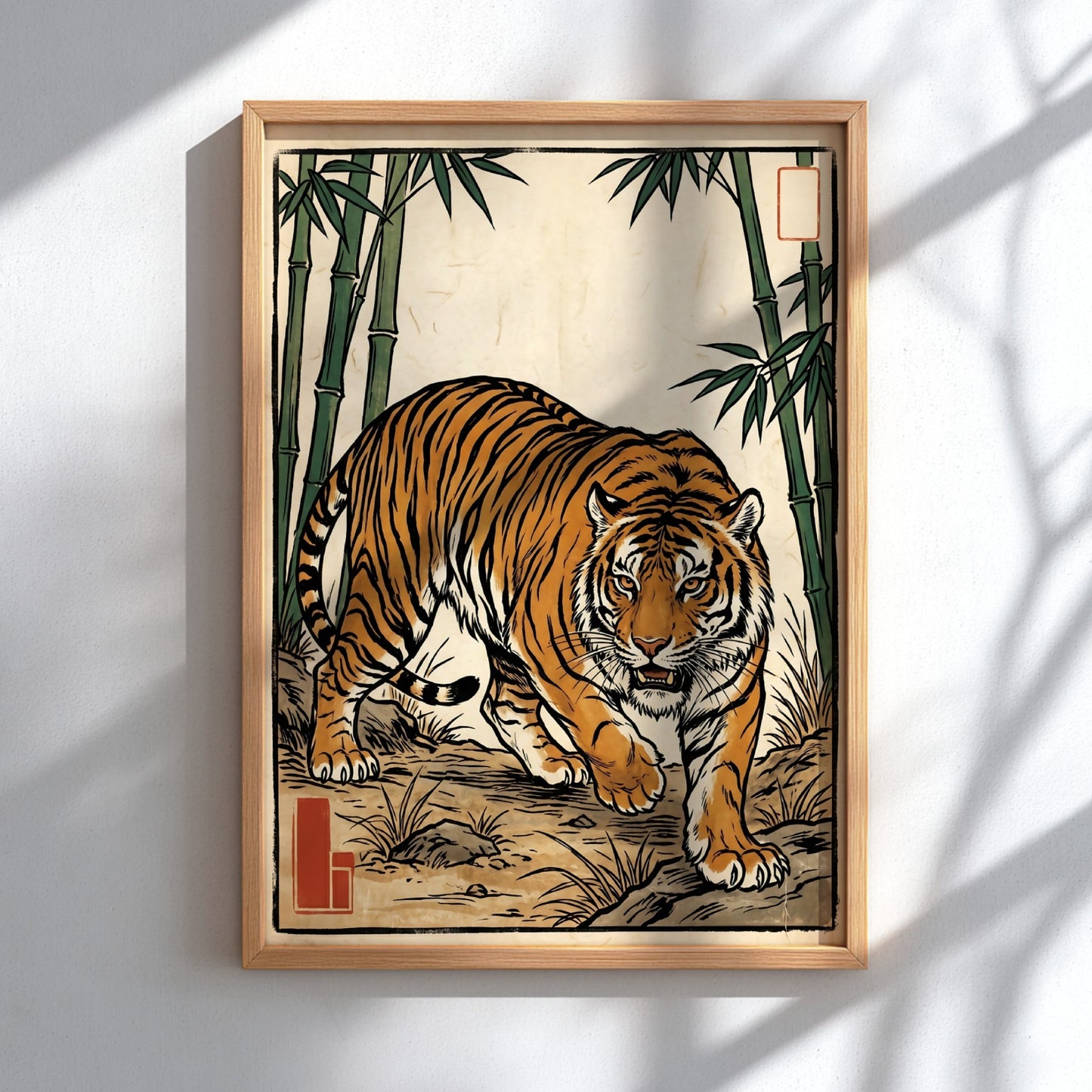 Tiger poster featuring vibrant colors and bamboo in Japanese art style