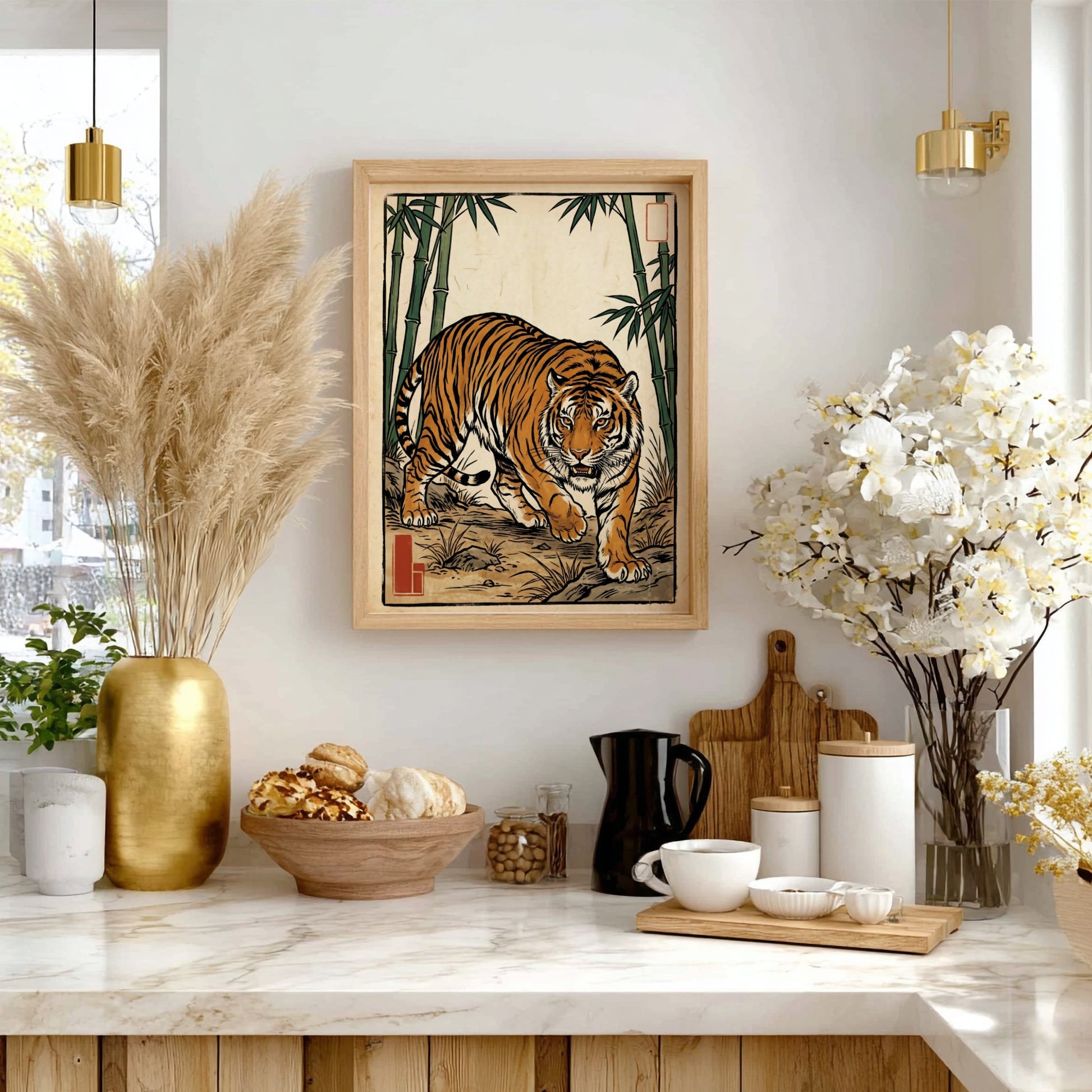 Tiger poster featuring vibrant colors and bamboo in Japanese art style