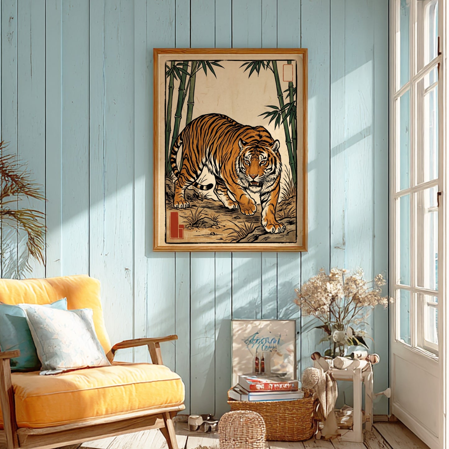 Tiger poster featuring vibrant colors and bamboo in Japanese art style
