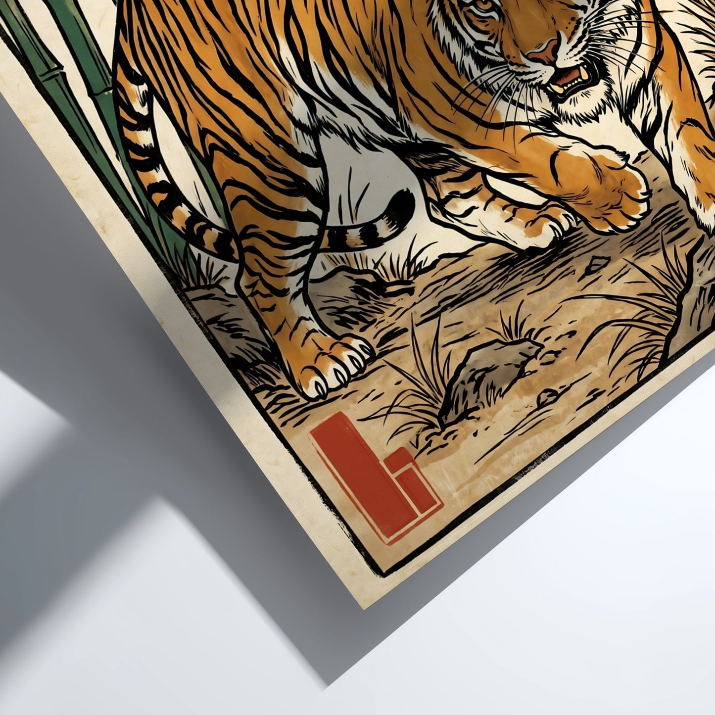Tiger poster featuring vibrant colors and bamboo in Japanese art style