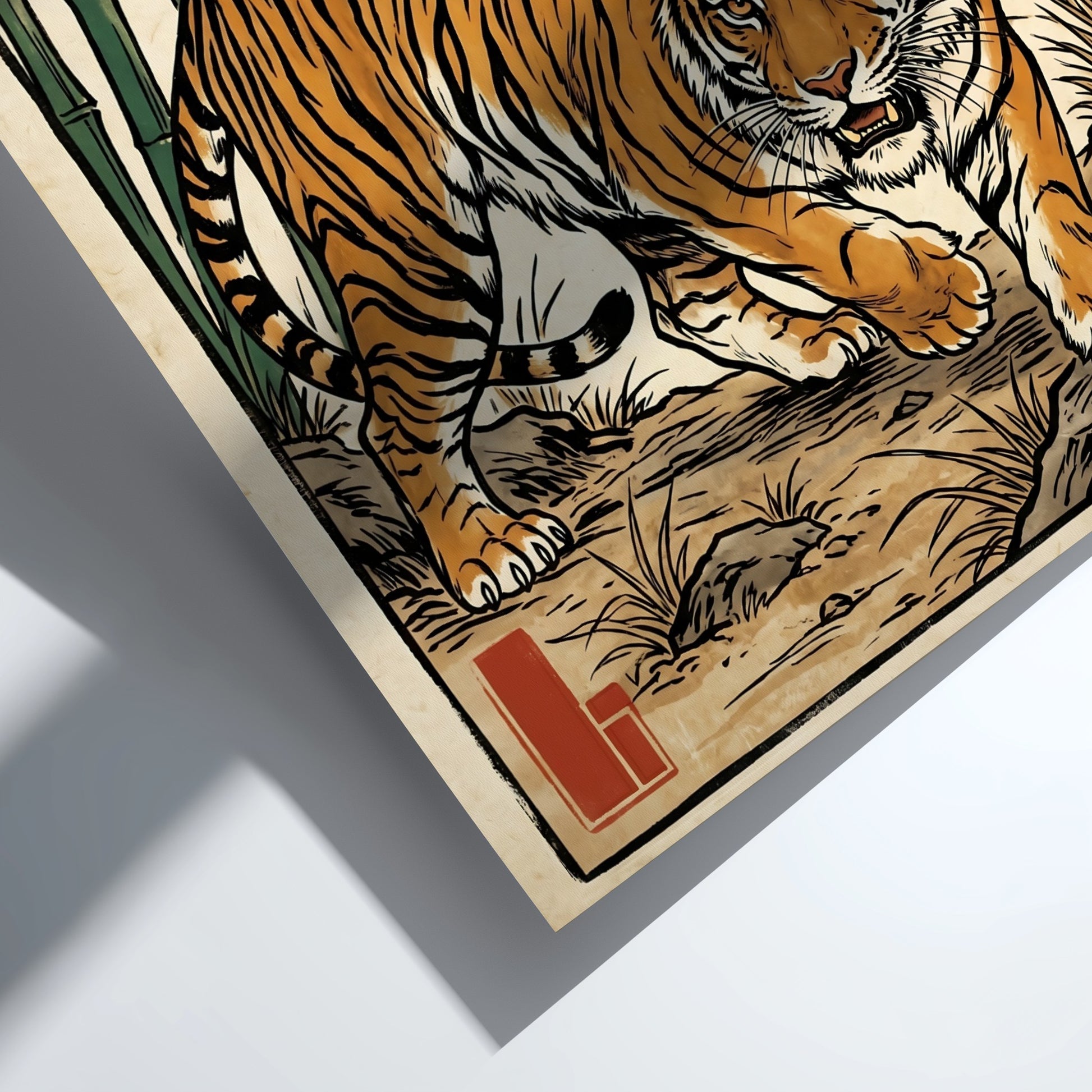 Tiger poster featuring vibrant colors and bamboo in Japanese art style